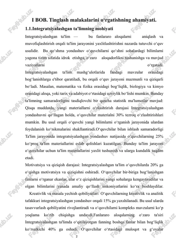 eriallarini yaxlit tushunish va ularga kundalik taqdim etadi. motivatsiya va qiziqish darajasi: integratsiyalashgan ta'lim o‘quvchilarda 20% ga o‘qishga motivatsiya va qiziqishni oshiradi. o‘quvchilar bir-biriga bog‘lanishgan fanlarni o‘rganar ekanlar, ular o‘z qiziqishlarini yangi sohalarga kengaytiradilar va olgan bilimlarini yanada amaliy qo‘llash imkoniyatlarini ko‘ra boshlaydilar. kreativlik va masala yechish qobiliyatlari o‘quvchilarning kreativlik va analitik tafakkuri integratsiyalashgan yondashuv orqali 15% ga yaxshilanadi. bu usul ularda tasavvurlash qobiliyatini rivojlantiradi va o‘quvchilarni kompleks mavzularni ko‘p yoqlama ko‘rib chiqishga undaydi.fanlararo aloqalarning o‘zaro ta'siri integratsiyalashgan ta'limda o‘qitilayotgan fanning boshqa fanlar bilan bog‘liqlik ko‘rsatkichi 40% ga oshadi. o‘quvchilar o‘rtasidagi muloqot va g‘oyalar almashinuvi orqali yangi bilimlar ko‘proq shaffof va tushunarli bo‘ladi.xotira va eslab qolish qobiliyatiga ta'siri tadqiqotlar ko‘rsatadiki, integratsiyalashgan ta'limdan foydalanish orqali o‘quvchilarning uzoq muddatli eslash darajasi 30% ga yaxshilanadi. bu o‘quvchilarning bilimlarini kundalik hayotga qo‘llashga imkon yaratadi va akademik yutuqlarga erishish uchun zarur poydevorni shakllantiradi. ilmiy izlanishlar va amaliyotga yo‘nalish integratsiyalashgan ta'lim yo‘nalishidagi dasturlar 35% ga ko‘proq …