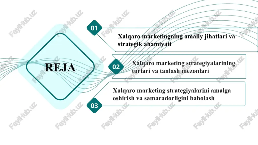 adi. natijada, xalqaro marketing iqtisodiyotning muhim vositasi sifatida namoyon bo‘ladi. global bozorda marketing mahalliy bozorlar bilan solishtirganda ko‘proq murakkablik va raqobatni talab qiladi. bozorlar madaniy, ijtimoiy va iqtisodiy jihatdan farq qiladi. shu sababli, mahsulot, narx va reklama strategiyalari har bir hududga moslashtiriladi. chet el bozorlarida iste’molchilar odatlari va brendga bo‘lgan talab o‘rganilishi muhimdir. tarqatish va savdo kanallari global standartlarga mos bo‘lishi zarur. raqamli texnologiyalar va elektron savdo vositalari amaliyotda keng qo‘llaniladi. shu tarzda kompaniyalar global bozorlarda raqobatbardoshligini oshiradi. natijada, marketing strategiyalari xalqaro muvaffaqiyatni ta’minlaydi. xalqaro marketing strategiyalari bozorda raqobatni aniqlash va o‘z o‘rnini topish asosida ishlab chiqiladi. strategiyalar mahsulotni standartlashtirish yoki moslashtirish tamoyiliga tayanadi. narx siyosati va reklama kampaniyalari global va mahalliy sharoitga moslanadi. strategiyalar raqobatchilar faoliyatini tahlil qilish va bozor segmentatsiyasiga asoslanadi. shu bilan birga, ular kompaniyaning uzoq muddatli barqarorligini ta’minlaydi. strategiyalar marketing resurslarini samarali taqsimlashga xizmat qiladi. xalqaro strategiyalar innovatsion yondashuv va texnologiyalardan foydalanishni rag‘batlantiradi. natijada, kompaniya global …