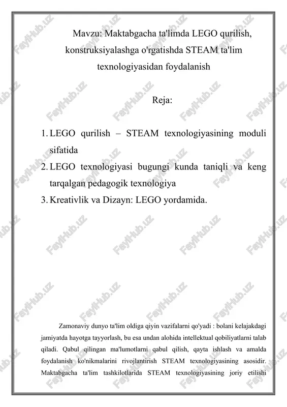 o'zi tarbiya qilish asoslari, bu esa, o'z navbatida, bola rivojlanishining tubdan yangi darajasini ta'minlaydi. o'z-o'zini tarbiyalash mavzusi maktabgacha ta'lim tashkilotlarining o'quv jarayoniga yangi steam texnologiyasini o'rganish va joriy etishni o'z ichiga oladi. bu maktabgacha yoshdagi bolalarning fan, texnologiya, ta'lim, madaniyatga qiziqishini rivojlantirish, ijodiy fikrlash, tashabbuskorlikni shakllantirishni ta'minlaydi va bolalarda nostandart qarorlar qabul qilish qobiliyati shakllanadi. maktabgacha ta'lim tashkilorlarining asosiy ta'lim dasturining ta'lim yo'nalishlarini integratsiyalashuvini hisobga olgan holda ilgari ma'lum bo'lgan va zamonaviy usullar va steam texnologiyasi elementlaridan kompleks foydalanish imkonini beradi. lego - bu bolaning shaxsiy xususiyatlarini to'liqroq ochib berishga imkon beruvchi va bolaning rivojlanish muammolarini obektiv aniqlash va tuzatishga yordam beradigan ajoyib sinov vositasi. lego yordamida sog'liqni saqlash ishlarini tashkil etish ham mumkin. misol uchun legi terapiyasi yordamida. hozirgi vaqtda giperaktivlik, diqqat etishmasligi buzilishi va autizmdan aziyat chekadigan bolalar va o'smirlar uchun an'anaviy psixologik va ta'lim terapiyalari bilan bir qatorda lego terapiyasi muvaffaqiyatli hisoblanadi. muntazam o'yin va terapiya o'rtasidagi …