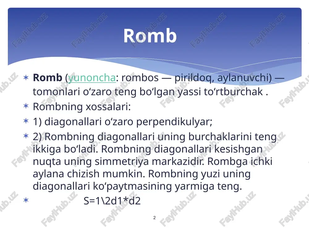aning ham muhim hollari mavjud. yon tomonlari teng bo'lgan trapetsiya teng yonli trapetsiya, yon tomoni asosi bilan to'g'ri burchak hosil qiladigan trapetsiya esa to'g'ri burchakli trapetsiya deb nomlanadi. * * * ) a * 7. trapetsiyaning o'rta chizig'i. t a ' r i f. trapetsiya yon tomonlarining o'rtalarini tutashtiruvchi kesma trapetsiyaning o'rta chizig'i deyiladi. teorema. trapetsiyaning o 'rta chizig'i asoslarga parallel va ular yig’indisining yarmiga teng. i s b o t. abcd trapetsiya berilgan bo'lsin (6-rasm), qp — uning o'rta chizig'i. b uch va p nuqtadan to'g'ri chiziq o'tkazamiz hamda ad asosni shu to'g'ri chiziq bilan kesishguncha davom ettiramiz. kesishish nuqtasini e bilan belgilaylik. bunda abe, qbp va dpe uchburchaklar hosil bo'ladi. fales teoremasiga ko'ra bp = pe, shuning uchun pq kesma abe uchburchak uchun ham o'rta chiziq bo'ladi. * * demak, qp kesma ae tomonga, ya'ni trapetsiya asoslariga parallel va uning yarmiga teng, ya'ni hosil bo'lgan pcb va pde …