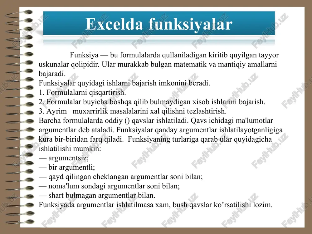 llanilishi min(…) ko’rsatilgan sonlar minimalini tanlash maks(…) ko’rsatilgan sonlar maksimalini tanlash srednee(…) ko’rsatilgan sonlar o’rta arifmetigini hisoblash summ(…) ko’rsatilgan sonlar yig’indisini hisoblash yozilishi qo’llanilishi segodnya() sonli formatda bugungi sana qiymati mesyats(data) ko’rsatilgan sana bo’yicha yilda oy tartib raqamini hisoblash den(data) ko’rsatilgan sana bo’yicha yilda kun tartib raqamini hisoblash god(data) ko’rsatilgan sana bo’yicha yilni hisoblash i(shart1;shart2;…) – «i» mantiqiy amali qiymatini hisoblaydi (rost yoki yolg’on) ili(shart1;shart2;…) - «ili» mantiqiy amali qiymatini hisoblaydi (rost yoki yolg’on) esli(shart; rost_qiymat; yolg’on_qiymat) – shart bajarilishiga qarab qiymatni hisoblash № funksiya nomi argument soni argument tipi vazifasi 1 abs 1 son sonning modulini qaytaradi 2 acos 1 son arkkosinus qiymatini radianda hisoblaydi. 0 va pi oralig`ida 3 acosh 1 son giperbolik arkkosinus qiymatini hisoblaydi. 4 asin 1 son arksinus qiymatini radianda hisoblaydi. -pi/2 va pi/2 oralig` ida 5 asinh 1 son giperbolik arksinus qiymatini hisoblaydi. 6 atan 1 son arktangens qiymatini radianda hisoblaydi. -pi/2 va pi/2 …