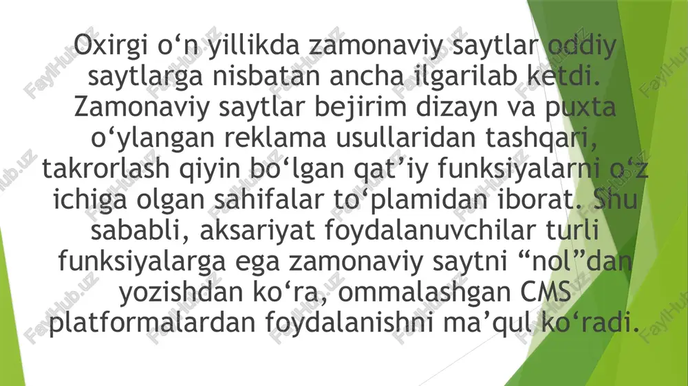 rni hal etishga mo‘ljallangan platformalar (masalan, wordpress, joomla, typo3). internet tarmog‘i endigina rivojlana boshlagan va ilk saytlar yaratila boshlangan vaqtlarda barcha web saytlar to‘liq html kodlar asosida yaratilgan. bunday saytlar sahifalarida ko‘rish orqali ma’lumotga ega bo‘lishdan boshqa hech qanday amaliyot bajarishning imkoni bo‘lmagan. shuning uchun to‘liq html yordamida tashkil etilgan saytlar foydalanuvchilarga faqat ma’lumot berish, ya’ni ma’lumotlarni ko‘rsatib berish imkoniyati bilan cheklangan. bugungi kunda saytlar orqali faqat ma’lumot olish bilan cheklanib qolmaysiz. hozirgi zamonaviy saytlarda ma’lumot olish bilan bir qatorda berilgan ma’lumotni tahrirlashingiz (masalan, wikipedia), yangi ma’lumot qo‘shishingiz (masalan, saytlarda fikr bildirish – comment), bir turdagi ma’lumotni uzatib, onlayn tizimda boshqa bir turdagi ba’lumot shaklida qabul qilib olish (masalan, video fayllarni onlayn tizimda mp3 formatiga o‘tkazish), soni cheklanmagan foydalanuvchilarning bir vaqtning o‘zida onlayn muloqotga kirishish (masalan, chat) va boshqa interaktiv amaliyotlarni bajarishingiz mumkin. bu, o‘z navbatida, faqat html ishlatilgan zamonga nisbatan hozirgi paytda internetda saytlarning yaratilishi sezilarli rivojlanganligini bildiradi hozirgi …