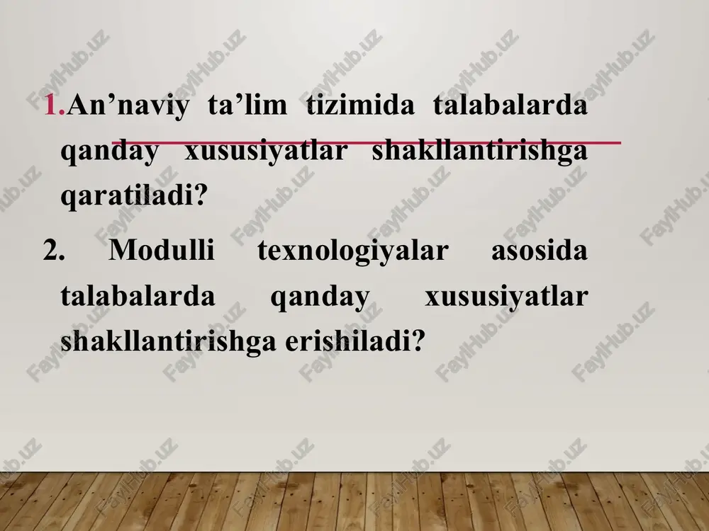 topshiriqlar har bir mantiqiy qismning tahlili mazmun (dastur, sillabus) usullar (o’qitish metodlari, talabalarning mustaqil faoliyati) natija nazorat baholash analiz tushunish sintez qo’llash bilish tushunchalar tyutor. edvayzer. fasillator. moderator tyutor – (ot lat. tutorem – nastavnik, opekun) ustoz, murabbiy vazifasini bajaradi. edvayzer (advisor) –farnsuz tilidan olingan bo’lib, «avisen» «o’ylamoq») alohida holda bitiruv ishi, kurs ishi, ishlab chiqishda rahbarlik qilishni anglatadi. fasillator fasillator (angl. facilitator, ot lat. facilis – yegil) – guruhlardagi faoliyat natijasini samarali bo’lishini ta’minlaydi, muammoning ilmiy yechimini topishga yo’naltiriladi, guruhdagi kommunikatsiyani jonlantiradi. o’zaro muloqot o’rnatuvchi, qo’llab-quvvatlovchi yo’naltiruvchi. modertor qabul qilingan qoidalarga amal qilishni tekshiradi, talabalarning mustaqil fikrlash qobiliyatini ochishga, bilish faoliyatini faollashtirishga yordam beradi. semina, treninglar va davra suhbatlarini boshqaradi, fikrlarni umumlashtiradi. vebinar metod vebinar usulda dars seminar yoki konferensiya internet orqli bir vaqtda hozir bo’lgan talabalar bilan audio, video bilan jonli olib boriladi yo’nalishga ko’ra testlar psixologik layoqatga qaratilgan xarakterga ko’ra testlar mazmuniga ko’ra testlar adaptiv meyorli turiga …