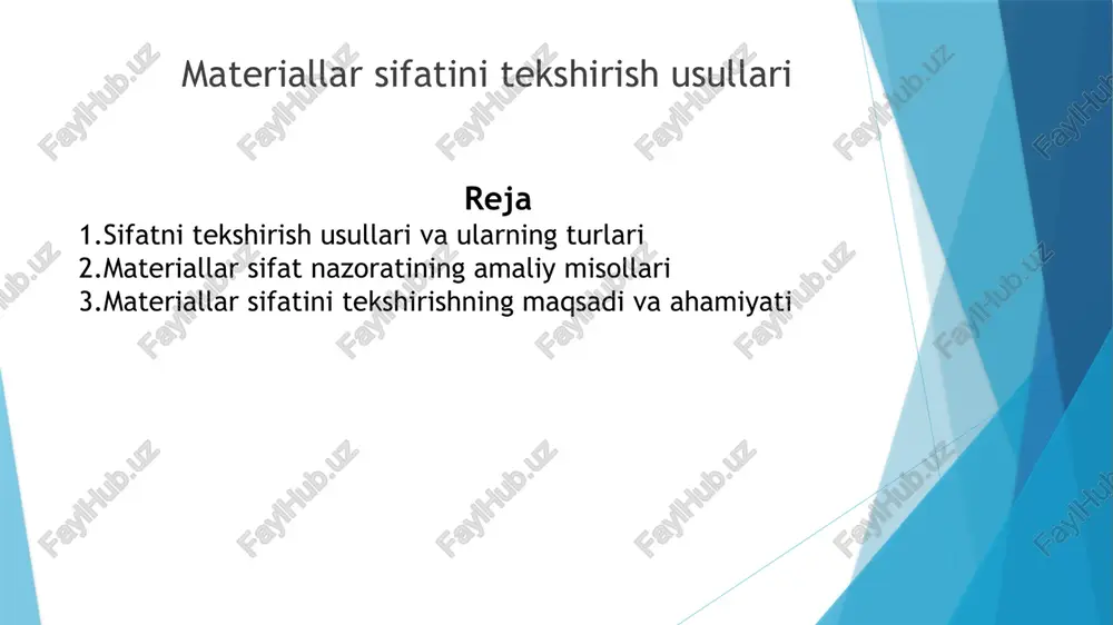 teriallarni tekshirish usullari 2 ta asosiy turga bo‘linadi: buzuvchi (destruktiv) usullar — sinov jarayonida namunaga zarar yetkaziladi (masalan, cho‘zish, siqish, egish). buzmasdan (nondestruktiv) usullar — material holatini buzmasdan, uning ichki tuzilishi va xususiyatlarini aniqlaydi (ultratovush, radiografiya, magnit sinov va boshqalar). har bir usul o‘zining aniqligi, narxi va qo‘llanilish sohasiga ega. buzuvchi sinov usullari buzuvchi sinovlar — bu material namunalarini kuch ostida sinab, ularning mexanik xususiyatlarini aniqlashdir: cho‘zish sinovi – materialning mustahkamligi va cho‘zilish chegarasini o‘lchaydi. siqish sinovi – beton, g‘isht, plastmassa kabi materiallar uchun qo‘llaniladi. egilish sinovi – elastiklik chegarasini aniqlashda ishlatiladi. zarba sinovi – materialning zarbaga bardoshliligini ko‘rsatadi. bu sinovlar natijasida materialning chidamlilik koeffitsienti aniqlanadi. buzmasdan tekshirish usullari buzmasdan sinovlar inshootlarni buzmasdan ularning sifatini aniqlash imkonini beradi. eng keng tarqalgan usullar: ultratovushli tekshiruv (ut) – tovush to‘lqinlari orqali ichki nuqsonlarni aniqlash. rentgen yoki radiografik usul (rt) – metall ichidagi g‘ovak va yoriqlarni ko‘rsatadi. magnit kukun usuli (mt) – temir …