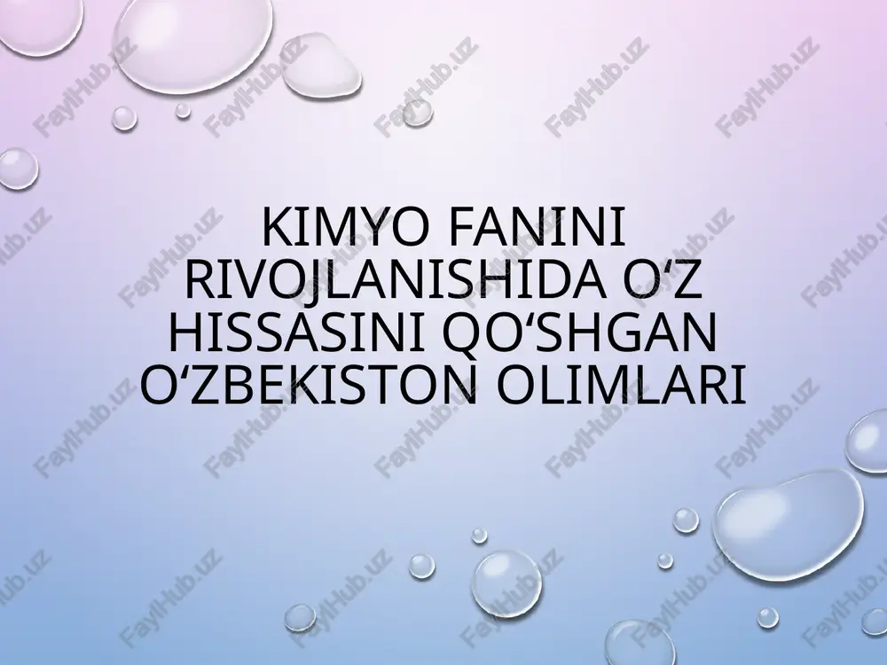nining rivojiga beqiyos hissa qo‘shganlar. ularning ilmiy ishlari nafaqat respublikamiz, balki butun dunyo kimyo faniga ta’sir ko‘rsatgan. ular yaratgan ilmiy maktablar bugungi kunda ham o‘z ahamiyatini yo‘qotmagan. foydalanilgan adabiyotlar 1. o‘zbekiston fanlar akademiyasi arxiv ma’lumotlari. 2. “kimyo va hayot” jurnali, toshkent, 2021. 3. www.chemistry.uz, www.fanlarakademiyasi.uz 4. abdullayev s. – neft kimyosi bo‘yicha tadqiqotlar, toshkent, 2019. image2.png image3.png image4.jpeg image5.jpeg image6.jpeg image1.png /docprops/thumbnail.jpeg