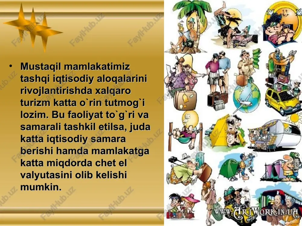 liq mamlakatlargina bunga amal qiladilar. masalan, 50 - 60 ming mahalliy andorraliklar har yili 12 mln xorijiy turistlarni qabul qiladilar. xalqaro turizm rivojlanishining asosiy ko`rsatkichlari jahon turizm tashkiloti tomonidan chop etilgan "jahon turizm tashkilotining 2003 - yildagi rivojlanishining asosiy ko`rsatkichlari" nomli nashrda xalqaro turizm rivojlanishining asosiy ko`rsatkichlari berilib, unda jumladan quyidagi ma'lumotlar o`rin olgan: 2003 - yilda xalqaro turizm 3 % ga o`sgan. shu yili xalqaro turizm o`zining o`rnini saqlab qolgan. vaholanki, bu ko`rsatkich 2002 - yilda 5 % ga qisqargan edi. 2003 - yilda barcha hududlarda xalqaro turizm sohasida ijobiy siljishlar yuz berdi. faqat shimoliy va janubiy amerika bundan mustasno. bu erda 11 - sentyabr voqealaridan so`ng, 2001 - 2002 yillarda - 10%, 2003 - yilda esa - 4% orqaga ketilgan. evropa turoperatorlari dunyoda o`zining etakchiligini davom ettirdi. jahon bozorida ular 57 % ulushini qo`lga kiritib, q 2 % o`sdilar. osiyo va tinch okeani hududlari turoperatorlari q 8 % …