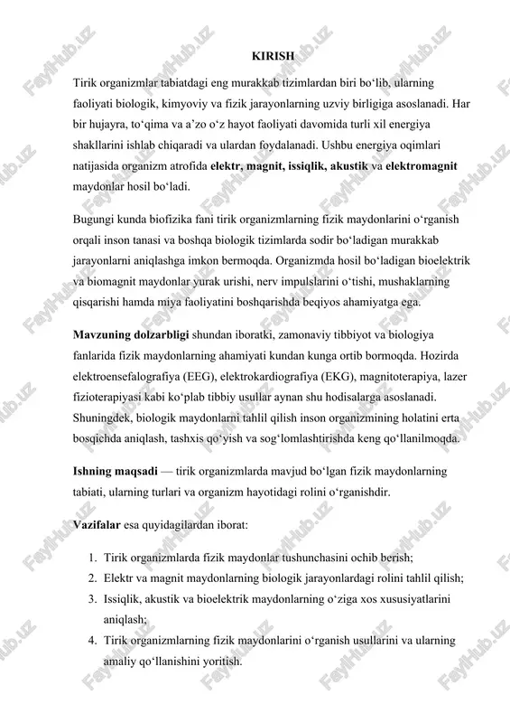 susiyatlarini aniqlash; 4. tirik organizmlarning fizik maydonlarini o‘rganish usullarini va ularning amaliy qo‘llanishini yoritish. 1. tirik organizmlarda fizik maydonlar tushunchasi 1.1. fizik maydon tushunchasi va uning biologik mazmuni tirik organizmlar o‘z hayot faoliyati davomida turli fizik jarayonlarni amalga oshiradi. hujayralar ichida kechadigan kimyoviy reaksiyalar, ionlarning harakati, elektron oqimlari va energiya almashinuvi jarayonlari natijasida organizm atrofida fizik maydonlar hosil bo‘ladi. fizik maydon deganda moddaning ma’lum bir fazoda energiya ta’sirida o‘zgarish holati tushuniladi. oddiy so‘z bilan aytganda, bu — kuch yoki energiya mavjud bo‘lgan muhitdir. masalan, elektr zaryadlar elektr maydonini, harakatdagi zaryadlar esa magnit maydonini hosil qiladi. tirik organizmlar ham ana shunday jarayonlar tufayli o‘ziga xos biofizik maydonlarga ega bo‘ladi. biologik tizimlarda fizik maydonlarning shakllanishi asosan quyidagi sabablarga ko‘ra sodir bo‘ladi: · hujayra membranalari orqali ionlarning notekis taqsimlanishi; · asab impulslarining o‘tishi jarayonida zaryadlarning harakati; · yurak, miya va mushaklardagi elektr faoliyati; · metabolik jarayonlar natijasida energiya almashinuvi; · hujayra ichidagi elektron …