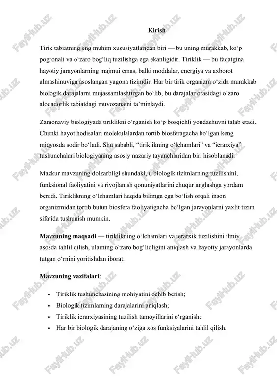 oviy jarayonlar majmui emas, balki o‘z-o‘zini tashkil etuvchi, energiyani o‘zlashtirib, ma’lum maqsadga yo‘naltirilgan faoliyatni amalga oshiruvchi biologik hodisadir. tirik tabiatning barcha shakllari — mikroorganizmlardan tortib inson va biosferagacha — yagona hayot tizimining tarkibiy qismlaridir. tiriklikning eng muhim belgisi — modda va energiya almashinuvidir. har bir tirik organizm tashqi muhit bilan doimiy moddalar almashinuvi jarayonida yashaydi. bu jarayonlar orqali organizm hayot faoliyatini davom ettiradi, energiya oladi va o‘sadi. ikkinchi muhim belgi — o‘sish va rivojlanish. har qanday tirik organizm ma’lum bosqichlarda o‘sadi, shakllanadi va rivojlanadi. bu jarayonlar genetik dasturga asoslangan bo‘lib, har bir turning o‘ziga xos rivojlanish yo‘nalishini belgilaydi. uchinchi belgi — ko‘payish. tirik organizmlar nasl qoldirish orqali o‘z turini saqlab qoladi. bu biologik jarayon genetik axborotning avloddan-avlodga o‘tishini ta’minlaydi. to‘rtinchi belgi — irsiyat va o‘zgaruvchanlik. har bir tirik mavjudot o‘z ajdodlarining genetik belgilarini saqlaydi, lekin ularni ma’lum darajada o‘zgartirib, yangi kombinatsiyalar hosil qiladi. shu orqali biologik xilma-xillik va evolyutsion jarayonlar …
