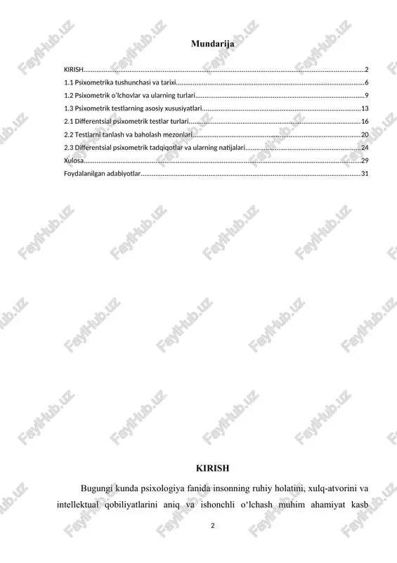 ligi zamonaviy jamiyatda inson resurslarini to‘g‘ri baholash, ularning imkoniyatlari va qobiliyatlarini aniqlash muhim vazifa hisoblanadi. psixologik o‘lchovlar yordamida shaxslarning individual farqlarini aniqlash esa ko‘plab sohalarda, jumladan ta’lim, ishga joylashish, sog‘liqni saqlash va boshqaruvda katta ahamiyat kasb etadi. shu nuqtai nazardan, differentsial psixometrika sohasi hozirgi kunda dolzarb va zaruriyatga aylanmoqda. bugungi kunda psixologik testlar va o‘lchov vositalari yordamida shaxslarning ruhiy holati, qobiliyatlari va xulq-atvori haqida aniq va tizimli ma’lumotlar olish mumkin. bu esa, o‘z navbatida, shaxslarni samarali boshqarish, ularni to‘g‘ri yo‘naltirish va qo‘llab-quvvatlash uchun zarurdir. differentsial psixometrika esa aynan insonlarning individual farqlarini chuqur tahlil qilish, turli shaxsiyat turlarini ajratish va ularning xususiyatlarini aniqlash imkonini beradi. differentsial psixometrika sohasidagi ilmiy tadqiqotlar va amaliy ishlanmalar rivojlanishi, yangi metodlar va testlarni ishlab chiqish dolzarbdir. bu esa o‘z navbatida, psixologik xizmat sifatini oshirish, shaxslarning ruhiy salomatligini yaxshilash va ijtimoiy muammolarni hal etishda muhim omil bo‘lib xizmat qiladi. kurs ishining o’rganilganlik darajasi differentsial psixometrika sohasi psixologiya …