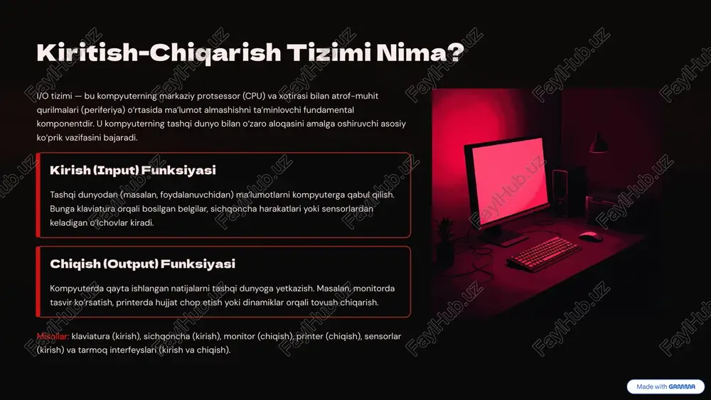 uv signallarini uzatuvchi jismoniy yo‘llar majmuasi. magistralning kengligi va tezligi umumiy tizim ish faoliyatini belgilab beradi. 3 i/o ma’lumotlarni o‘qish va yozish jarayoni ma’lumotlarning kirishdan chiqishgacha bo‘lgan yo‘li ikki asosiy darajada amalga oshadi: apparatura (fizik) va dasturiy ta’minot (mantiqiy) darajada. 1 1. tashqi signalni qabul qilish apparatura darajasida klaviatura tugmasi bosilganda (elektr signali) yoki mikrofonga tovush kirganda (analog to‘lqin) i/o qurilmasi ularni qabul qiladi. bu signallar raqamli (diskret) signallarga aylantiriladi. 2 2. kontroller boshqaruvi i/o kontrolleri signallarni buferlaydi va kompyuter magistraliga uzatishga tayyorlaydi. u asinxron signallarni protsessor uchun mos keladigan sinxron ma’lumot bloklariga tashkil qiladi. 3 3. drayver boshqaruvi dasturiy darajada, operatsion tizimning drayverlari ma’lumotlarni qabul qiladi. drayverlar qurilmaning o‘ziga xos xususiyatlarini yashirib, otga standart interfeys taqdim etadi. 4 4. ilova qayta ishlashi ma’lumotlar nihoyat ilovaga yetkaziladi (masalan, word dasturiga matn). ilova natijani qayta ishlagach, drayverlar orqali chiqish qurilmasiga (masalan, printerga yoki ekranga) yuboradi. muhim talab: i/o jarayonlarida yuqori sinxronizatsiya …