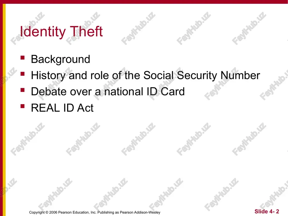 united states new licenses issued by end of 2008 required to open bank account, fly on commercial airplane, or receive government service requires applicants to supply 4 different ids will probably contain a biometric identifier must contain data in machine-readable form copyright © 2006 pearson education, inc. publishing as pearson addison-wesley slide 4- * possible consequences of new licenses better identification means better law enforcement people won’t be able to change identities parents ducking child support criminals on the run new, centralized databases could lead to more identity theft copyright © 2006 pearson education, inc. publishing as pearson addison-wesley slide 4- * introduction computers getting faster and less expensive utility of computers increasing email web surfing shopping managing personal information increasing use of computers  growing importance of computer security * copyright © 2006 pearson education, inc. publishing as pearson addison-wesley slide 4- * viruses, worms, and trojan horses viruses …