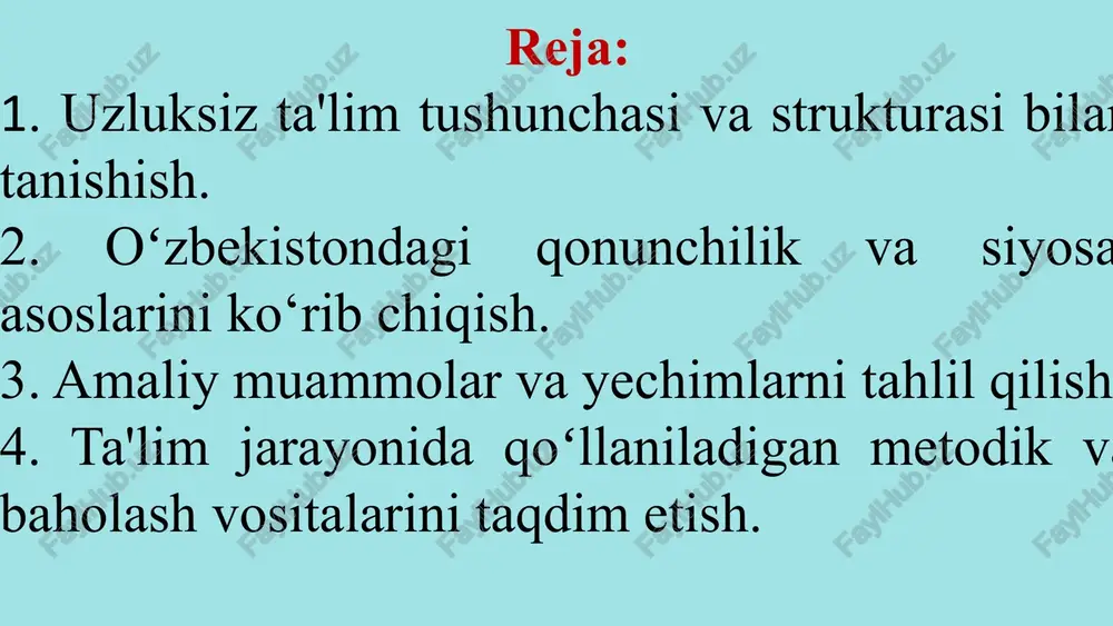 . oʻqituvchilar malakasi: qayta tayyorlash tizimlari yetarli emas yoki regional farqlar mavjud. moliyalashtirish va barqarorlik: ayrim sohalarda resurslar yetishmaydi. mehnat bozori bilan uyg‘unlik: o‘quv rejalar va ish bozorining talablariga mos kelmasligi. adult education va noformal tan olinishi: kompetensiyalarni baholash va sertifikatlashtirish tizimi rivojlanmagan. muammoli vaziyatlar (case studies) vaziyat 1 — raqamli ta'limga kirish muammosi: maktab xodimi xonadonida internet yo‘q; onlayn kursni yakunlay olmaydi; oqibat: malaka oshirishidan chetda qoladi. vaziyat 2 — oʻqituvchi malaka oshirishiga vaqt topolmayapti: oʻqituvchi ikki maktabda ishlaydi; seminarlar kunida darslardan bo‘shamaydi. vaziyat 3 — ish bilmasligi va noformal kompetensiyalar: ishchilarni qayta o‘qitish dasturi mavjud, lekin noformal kurslar uchun rasmiy sertifikat tan olinmaydi, ish beruvchi etkazib bermaydi. guruhlarga bo‘linib, har bir vaziyat uchun 15 daqiqa: asosiy sabablar, ta'sirlar, tez va uzoq muddatli yechimlar. muammoli savollar: sizning hududingizda eng katta to‘siq nima — infratuzilma, moliyalashtirish yoki o‘qituvchi malakasi? qanday regional hamkorlik shakllari insonlarni doimiy ta'limga jalb qilishi mumkin? qanday …
