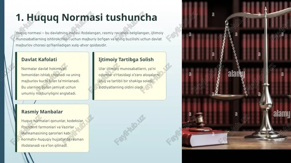 lishga ega. ushbu tuzilma qoidaning qoʻllanilishi, mazmuni va oqibatlarini aniq belgilaydi. 1 gipoteza (agar... boʻlsa) norma qachon va qanday sharoitlarda amal qilishini, hamda qoidalar kimga (fuqarolar, tashkilotlar, mansabdor shaxslar) taalluqli ekanligini koʻrsatadi. bu qoidani qoʻllash uchun zarur boʻlgan faktik sharoitlar maydoni. 2 dispozitsiya (u holda...) bu normaning asosiy qismi boʻlib, huquq subʼyektlarining xulq-atvor qoidasini, yaʼni ularning huquqlari va majburiyatlarini aniq bayon etadi. nima qilish kerak, nima qilish mumkin emasligi aynan shu yerda koʻrsatiladi. 3 sanksiya (aks holda...) huquq normalari buzilganda yuzaga keladigan davlat majburlov choralari (jazolar) turini va oʻlchamini belgilaydi. sanksiya tartibni tiklash va boshqa buzilishlarning oldini olish vositasidir (jarima, qamoq, intizomiy jazo). masalan, jinoyat kodeksidagi normada: agar shaxs oʻzganing mulkini oʻgʻirlasa (gipoteza), u holda u jinoyat sodir etgan hisoblanadi (dispozitsiya) va aks holda unga nisbatan ozodlikdan mahrum qilish jazosi qoʻllaniladi (sanksiya). 4 huquq normasining tuzilishi huquq normasi o‘zining ichki tarkibiga ega bo‘lib, u uchta asosiy qismdan — gipoteza, dispozitsiya …