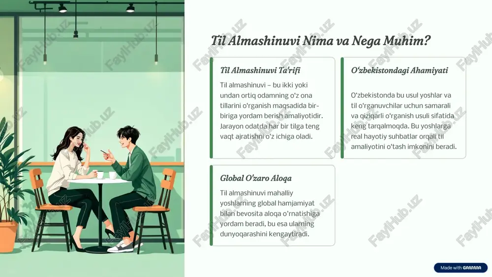 hbat ko‘nikmalarini rivojlantirmoqdalar. 4 eng mashhur til almashinuvi platformalari o‘zbekistonda til o‘rganuvchilar turli xil global platformalardan foydalanadilar. har bir platformaning o'ziga xos afzalliklari mavjud: mylanguageexchange.com himoyalangan email, matnli va ovozli chat funksiyalari orqali til sheriklarini topish va xavfsiz suhbatlashish imkonini beradi. shuningdek, yuzma-yuz uchrashuvlarni tashkillashtirishga ham yordam beradi. tandem.net interaktiv suhbatlar, tuzatish vositalari va qiziqishlarga mos sheriklar qidirish imkoniyatlari bilan mashhur. mobil ilovasi orqali istalgan joyda mashq qilish mumkin. ilang.io sun’iy intellekt (ai) yordamida bepul til o‘rganish va dunyoning turli burchaklaridan do‘stlar topishni taklif etadi. ai esa matnni tarjima qilish va grammatik xatolarni tuzatishda yordam beradi. 5 o‘zbek tilida til almashinuvi qilayotgan haqiqiy odamlar til almashinuvi platformalari orqali minglab o‘zbekistonliklar o‘z tillarini amalda qo‘llab, yangi madaniy bilimlarga ega bo‘lmoqdalar. rukhshona (toshkent) kompyuter muhandisi, turk va ingliz tillarini o‘rganmoqda. uning asosiy qiziqishi k-dramalar (koreys seriallari) va buning orqali koreys madaniyatini ham o‘rganmoqda. nuriddin (toshkent) ingliz tilini yaxshilashga intilmoqda va ielts imtihoniga …