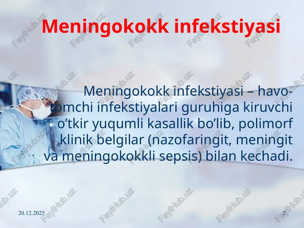 chaqmoqsimon, surunkali meningit meningoenstefalit aralash shakli (meningit + meningokokstemiya) endokardit zotiljam artrit iridostiklit poliartrit 17.10.2025 8 meningokokkli nazofaringit barcha mi bilan kasallanganlarning 80%ida uchraydi. engil, o’rta og’ir, va og’ir shakllari ajratiladi. kasallik o’tkir tana haroratining 37,5˚s dan 39-40˚s gacha ko’tarilishi, bosh og’rig’i, bosh aylanishi, kataral belgilar bilan boshlanadi. halqum orqa devorini giperemiyasi va shishi kuzatiladi: limfoid follikulalarning giperplaziyasi, yon bolishlarning shishi, kam miqdorda shilliq ajralishi. og’ir shakllarida tana harorati 39-40,5˚s gacha ko’tariladi, xarakterli simptomlardan tashqari qayt qilish, ba’zan talvasalar, qorinda og’riq qo’shiladi. kuruvda alohida meningeal simptomlar aniqlanadi. periferik qonda leykostitoz 15*10*9/l gacha, neytrofillez, echt 20-30 mm/s gacha oshadi. 17.10.2025 9 meningokokkemiya (meningokokkli bakteremiya, meningokokkli sepsis) kasallik to’satdan boshlanadi. bemorlar kasallikning aniq vaqtini aytadilar. tana harorati 39-40°s gacha ko’tariladi, qaltirash, qayt qilish, bolalarda ko’pincha talvasalar, hushning buzilishi kuzatiladi. barcha klinik simptomlar 1-2 kun davomida kuchayib boradi. 1-kunning oxirida xarakterli noto’g’ri shakldagi va ushlab ko’rilganda qattiq konsistenstiyali gemorragik yulduzchasimon toshma paydo bo’ladi. …