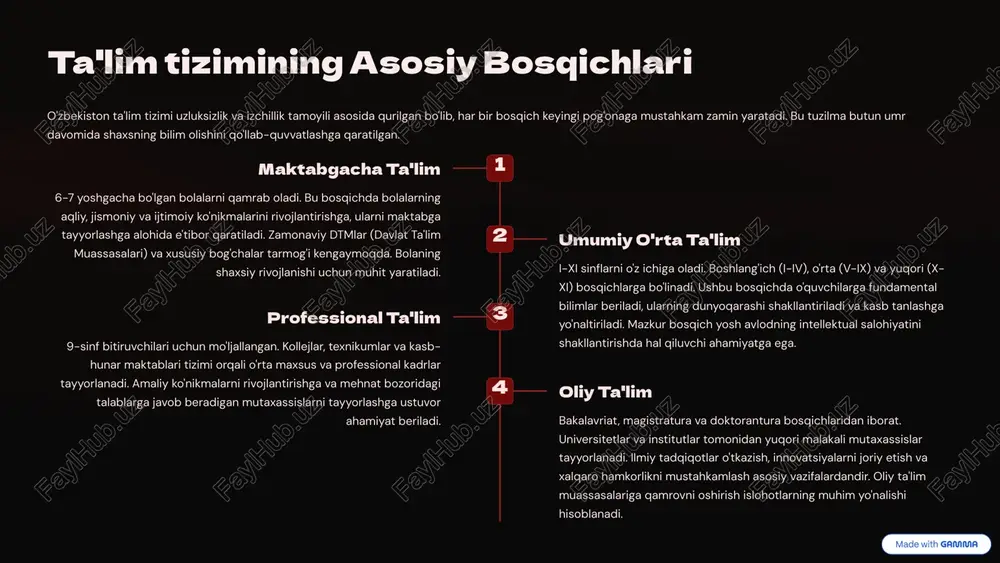 ovatsiyalarni joriy etish va xalqaro hamkorlikni mustahkamlash asosiy vazifalardandir. oliy ta'lim muassasalariga qamrovni oshirish islohotlarning muhim yo'nalishi hisoblanadi. 2 ta'lim qonunlari va davlat siyosati o'zbekistonda ta'lim sohasidagi islohotlar keng qamrovli qonunchilik va strategik hujjatlar bilan mustahkamlangan. bu hujjatlar ta'lim tizimining barqaror rivojlanishini ta'minlaydi. "ta’lim to‘g‘risida"gi qonun (yangi tahrir) ta'lim olish huquqining tengligini va majburiyligini kafolatlaydi. ta'lim shakllari va turlarini (uzluksiz, masofaviy, sirtqi, kechki) tartibga soladi. ta'lim standartlari va sifatini nazorat qilish mexanizmlarini belgilaydi. davlat ta'lim tizimini moliyalashtirish va unga ko'mak berish majburiyatini tasdiqlaydi. oliy ta'limni 2030 yilgacha rivojlantirish kontseptsiyasi 2019-yilda qabul qilingan bu kontseptsiya oliy ta'limni tubdan modernizatsiya qilishni ko'zda tutadi. asosiy maqsadlar: oliy ta'limga qamrovni sezilarli darajada oshirish. o'zbekiston otmlarining xalqaro reytinglardagi o'rnini yaxshilash. ta'lim jarayoniga xalqaro ta'lim standartlari (masalan, ects)ni joriy etish. ilmiy va innovatsion faoliyatni rag'batlantirish. davlat-xususiy sheriklik (dxsh) dxsh ta'lim sohasiga xususiy investitsiyalarni jalb qilishning asosiy mexanizmi hisoblanadi. bu nodavlat oliy ta'lim muassasalari va maktablarning soni …