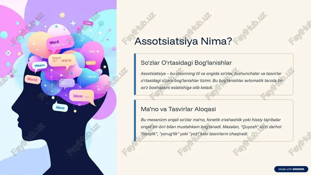 yligini va uning noyob assotsiativ mexanizmlarini ochib beradi. 4 assotsiativ eksperiment usuli assotsiativ eksperiment til egalarining so‘zga nisbatan birinchi reaksiyasini o‘rganishga qaratilgan fundamental metodikadir. bu tilning jonli, psixologik qatlamini ochishga imkon beradi. so'z-stimul ishtirokchiga biror so‘z (stimul) aytiladi yoki ko‘rsatiladi. erkin javob ishtirokchi ongiga birinchi kelgan bog‘liq so‘zni (reaksiya) aytishi so‘raladi. assotsiativ maydon ko‘p sonli javoblar to‘planib, so‘zning assotsiativ maydoni, ya’ni bog‘lanishlar tarmog‘i aniqlanadi. misol: "bahor" so‘ziga bog‘liq eng keng tarqalgan assotsiatsiyalar: gullar (lola, boychechak) yangi hayot (uyg‘onish, yasharish) iliqlik (quyosh, issiq) 5 assotsiativ qoidalarni aniqlash jarayoni bu qoidalar faqatgina eksperiment orqali emas, balki zamonaviy hisoblash usullari yordamida ham aniqlanadi. bu jarayon katta hajmdagi ma’lumotlarni tahlil qilishni talab qiladi. korpus tahlili katta matnlar to‘plami (korpus) tahlil qilinadi. bu so‘zlarning yonma-yon ishlatilish chastotalari va kontekstual yaqinligini o‘lchashga asoslanadi. sun’iy intellekt (ai) usullari mashinaviy o‘rganish (machine learning) va chuqur o‘rganish (deep learning) modellaridan foydalanib, so‘zlar orasidagi yashirin, nozik bog‘lanishlar aniqlanadi. qoidalar ishlab …