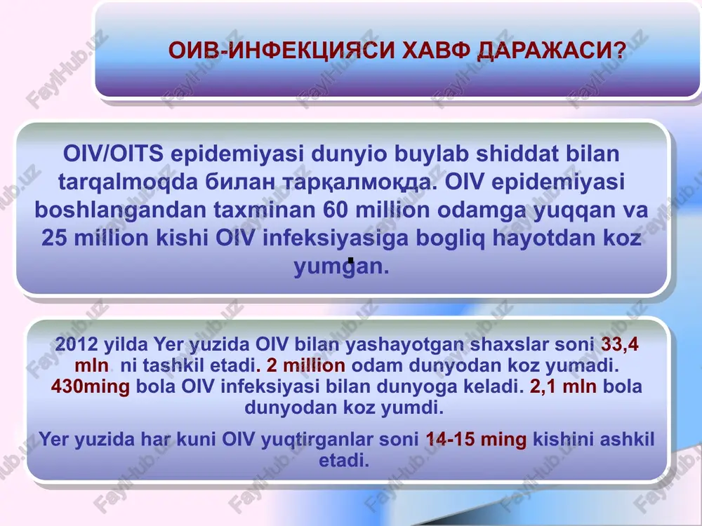 onadan bolaga (vertikal) jinsiy oiv-infektsiyasi qanday yo'llar bilan yuqadi? www.themegallery.com himoyalanmagan jinsiy aloqa jinsiy yo`l betartib jinsiy aloqa g`ayritabiiy jinsiy aloqa www.themegallery.com 20.07.2013 bux ti dsenm www.themegallery.com butun jahon sog`liqni saqlash tashkiloti xavsiz inyeksiya (muolaja) borasida quydagi tarifni beradi: xavsiz inyeksiya . xavsiz inyeksiya –davolanayotgan bemorga, tibbiy xizmat ko`rsatayotgan tibbiy xodimga va jamiyatga ziyon yetkazmasdan olib boriladigan tibbiy jarayondir. www.themegallery.com 20.07.2013 bux ti dsenm bemorga –nosteril (sterillanmagan ) tibbiy assboblarni qayta ishlatish holatlarida ; tibbiy xodimga –ish jarayonida virrus bilan zararlangan igna bexosdan sanchilgab holatda va tibbiy avriya holati yuzaga kelganda ; jamiyatga –tashlab yuborilgan shprislarni yigib olib , qayta ishlatilganda. shpris, igna va boshqa otkir kesuvchi tibbiy asboblar bilan quydagi holatlarda ziyon yetishi mumkin: www.themegallery.com bsstning inyeksiya xafini kamaytirish prinsiplari: asossiz inyeksiyalarni oldini olish , og`iz orqali davolash usullariga o`tish; faqatgina sterillangan shpris va igna, kesuvchi, sanchiluvchi va boshqa o`tkir tibbiy asboblardan foydalanish; inyeksiya uchun dori darmonlarni virrus bilsn …