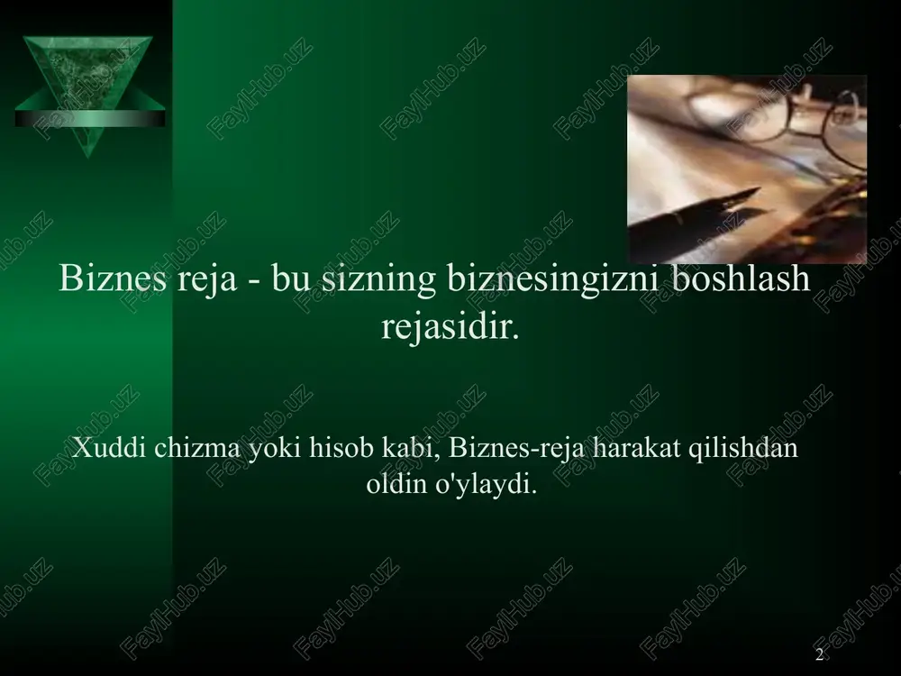 ilish va potentsial investorning qiziqishini oshirish va hokazo. * biznes-rejaning asosiy bo'limlari rezyume mahsulotlar (xizmatlar) tavsifi sanoat xususiyatlari marketing rejasi ishlab chiqarish rejasi boshqaruv va tashkil etish yuridik bo'lim risklarni bashorat qilish va boshqarish moliyaviy reja * 1. rezyume rezyume – investitsiya loyihasining "kontsentrlangan" tavsifi: uning g'oyalari; g'oyani amalga oshirish uchun ko'rilgan choralar; zarur xarajatlar; yakuniy ballar. bo'lim potentsial investorlarga loyihaning jozibadorligini ko'rsatishi kerak. * rezyume quyidagi ma'lumotlarni o'z ichiga olishi kerak korxona tavsifi; boshqaruv xodimlarining malakasi haqida qisqacha ma'lumot; bozor va sanoatdagi vaziyatni tavsiflash; kompaniya mahsuloti yoki xizmatlarining afzalligi, kompaniyaning resurslari va uning hozirgi moliyaviy holati; loyihaning uzoq muddatli va qisqa muddatli maqsadlari; * taktik reja, maqsadlarga qanday erishish haqida qisqacha ma'lumot; investitsiyalarga bo'lgan ehtiyoj, ulardan qanday foydalanilishi, taklif etilayotgan moliyalashtirish manbalari, investorlarga qanday qaytarilishi (to'lanishi); investorlar qanday xavf-xatarlar va qanday mukofotlarni kutishlari mumkin. * 2. mahsulotlar (xizmatlar) tavsifi ushbu bo'limda korxona tomonidan ishlab chiqarilgan mahsulot yoki xizmatlarning batafsil …