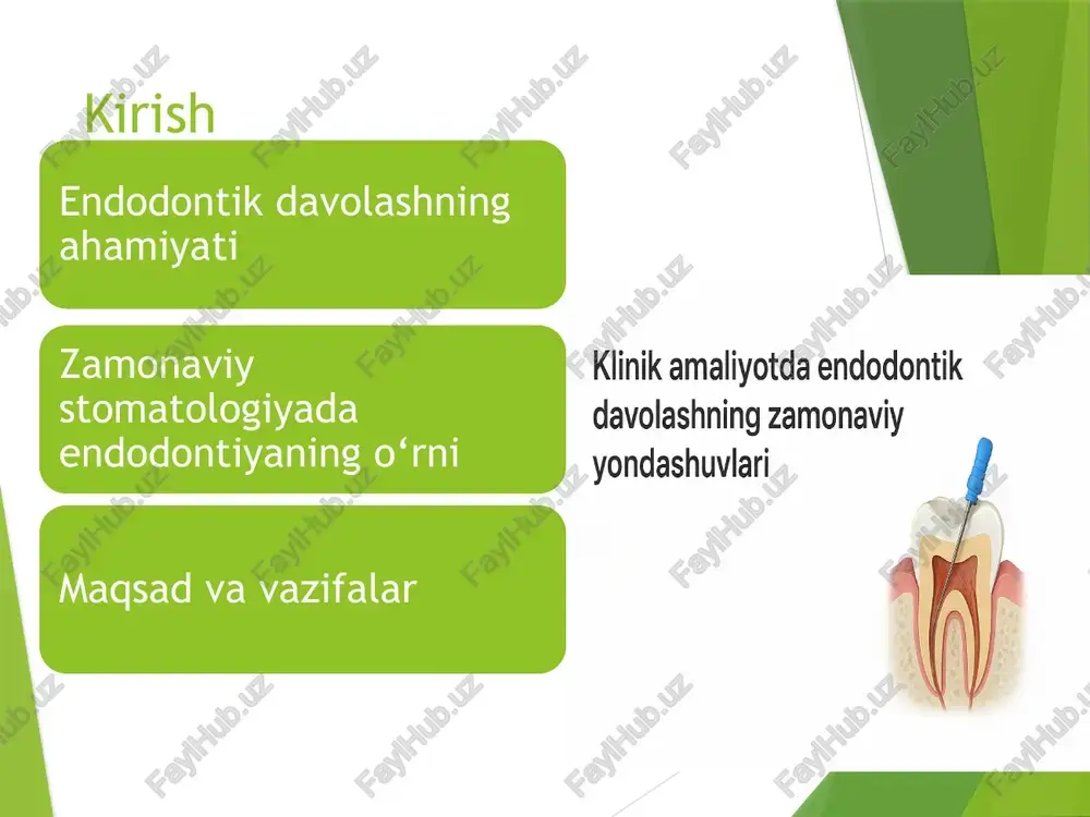1. burg‘ulash (drill) vazifasi: teshik ochish, vint yoki murvat joylashtirish. xususiyatlari: turli o‘lchamdagi burg‘u bitlari, tezlikni sozlash imkoniyati. 2. frezalash (milling) vazifasi: yog‘och, metal yoki plastik yuzalarni kesish va shakllantirish. xususiyatlari: kesish pichog‘i yuqori tezlikda aylanadi, turli shakllar yaratadi. 3. tornavida (screwdriver / electric screwdriver) vazifasi: murvat va vintlarni burish yoki chiqarish. xususiyatlari: quvvatli motor bilan tez va oson ishlash, turli bitlar bilan moslashuvchanlik. 4. motorli asboblar (power tools) vazifasi: mexanik energiyani ishlatib, turli ishlarni tez bajaradi (kesish, burg‘ulash, silliqlash). xususiyatlari: elektr yoki batareya bilan ishlaydi, ko‘p funksiyali. reciprocatsion asboblar endodontik davolash – tish ildizi kanallarini infektsiyadan tozalash, shakllantirish va plomba bilan to‘ldirish jarayonidir. bu davolash tishni saqlash va kelajakda murakkab tish kasalliklarining oldini olishda muhim ahamiyatga ega. infektsiyalangan yoki yallig‘langan tish iligi davolanmasa, og‘riq, abscess va hatto tish yo‘qolishiga olib kelishi mumkin. reciprocatsion asboblar – endodontiyada ishlatiladigan zamonaviy asboblar bo‘lib, ular tish ildizi kanallarini shakllantirish va tozalashda ishlatiladi. ushbu …