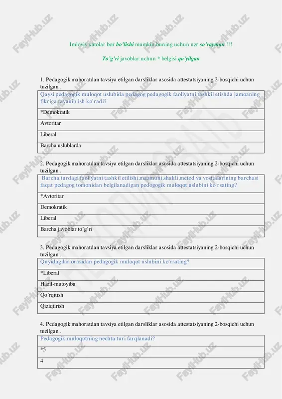 lgilarning optik kinetik tizmiga nimalar kiradi? *barcha javoblar to’g’ri mimika pantomimika jestlar – qo’l va oyoqning harakatlari 8. pedagogik mahoratdan tavsiya etilgan darsliklar asosida attestatsiyaning 2-bosqichi uchun tuzilgan . muloqot jarayonida axborot almashish vazifasining hal qilinishini nechta vositasi mavjud? *6 7 8 9 9. pedagogik mahoratdan tavsiya etilgan darsliklar asosida attestatsiyaning 2-bosqichi uchun tuzilgan . pedagogik muloqot jarayonining asosiy vazifalarini ko'rsating? *barcha javoblar to’g’ri shaxsni o’rganish axborot almashish faoliyatni tashkil qilish va hamdard bo’lish 10. pedagogik mahoratdan tavsiya etilgan darsliklar asosida attestatsiyaning 2-bosqichi uchun tuzilgan . pedagogik muloqotning nechta asosiy yo'nalishi mavjud? *4 5 3 2 11. pedagogik mahoratdan tavsiya etilgan darsliklar asosida attestatsiyaning 2-bosqichi uchun tuzilgan . o‘qitish faoliyati tarkibini to‘g‘ri aniqlang: *o’quv rejasi,o’quv dasturi,o’qitish metodlari,manbalar didaktik vazifalar,o’quv topshiriqlari,o’quv materiali,o’qitish metodlari ta’lim maqsadi,tarbiya maqsadi,bilish jarayoni,ish uslubi barcha javoblar to’g’ri 12. pedagogik mahoratdan tavsiya etilgan darsliklar asosida attestatsiyaning 2-bosqichi uchun tuzilgan . metodologiya- qanday ta’limot? *borliq va uning mohiyati,shakllari,asosiy tamoyillari …