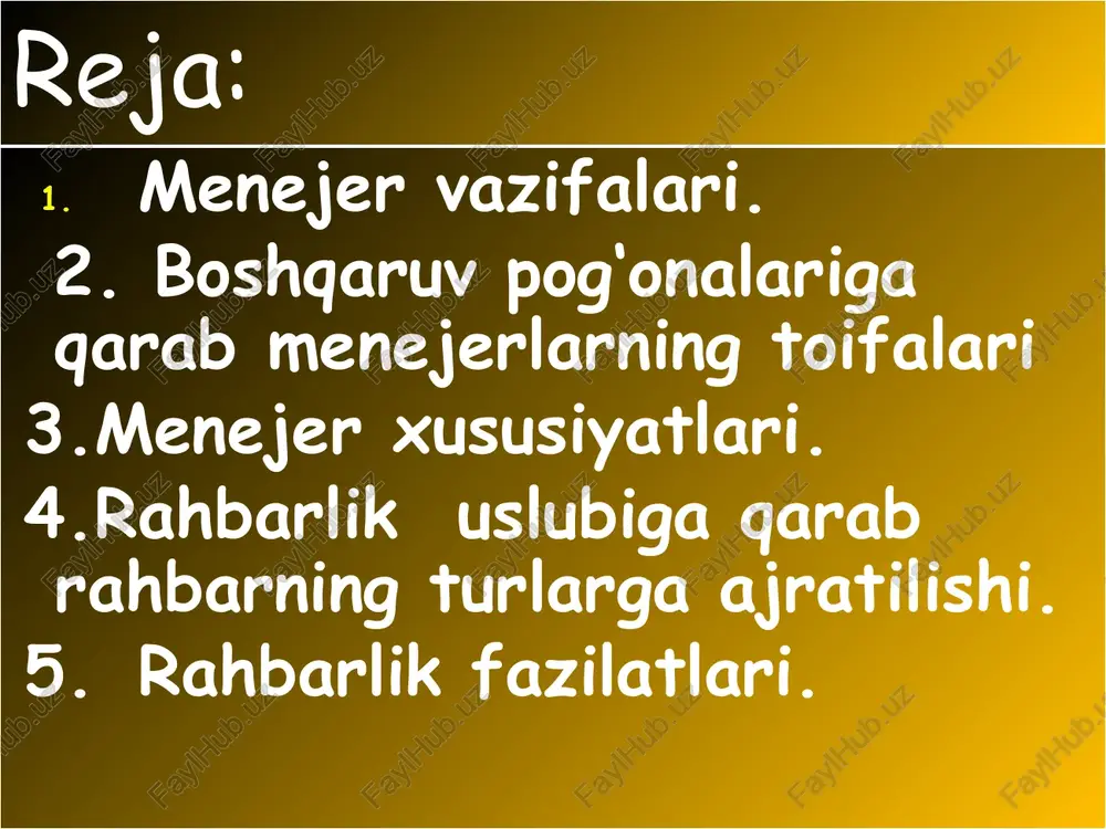 ning yoki rahbarning bo‘ysinuvchilarga aniq va nisbatan barqaror ta’sir ko‘rsatish usuli va yo‘llari majmuasidir. masalan: mamlakat boshqaruv organlarining ish uslubi; vazirlik, qo‘mita, hokimiyatlarning ish uslubi; sud, prokuraturalarning ish uslubi; korxona, tsexlarning ish uslubi; ayrim rahbarlarning ish uslubi rahbarning ish uslubi - bu boshqaruv jarayonida u yoki bu masalalarni hal qilishda uning o‘ziga xos yondashishidir. rahbar qaror qabul qilganda, uning bajarilishini tashkil etganda va qo‘l ostidagi kishilar ishini nazorat qilganda u o‘z vazifalariga muvofiq ish ko‘radi. rahbarlik uslubi belgisi va bo‘yisinuvchilarga nisbatan munosabatga qarab barcha rahbarlarni quyidagi uch turga bo‘lish mumkin. avtokratik rahbarlar liberal rahbar demokratik rahbar avtokratik rahbarlar buyruq chiqarish, qaror qabul qilish, xodimlarga jazo berish yoki rag‘batlantirishda jamoa fikirini hisobga olmaydi; o‘zini jamoadan uzoq tutadi; jamoa a’zolarini bevosita muloqatda bo‘lishini chegaralab qo‘yadi; o‘zining noo‘rin harakatlarining tanqid qilinishiga chiday olmaydi; o‘ziga bo‘ysinuvchilarning harakatlarini keskin ravishda tanqid qilishni yaxshi ko‘radi; muttasil buyruq berishga, hammani o‘z istaklariga so‘zsiz bo‘isindirishga intiladi; ko‘p gapirishni …