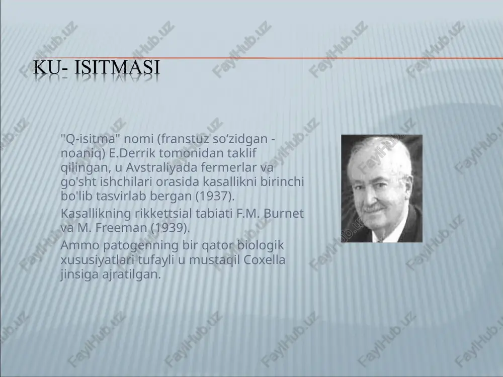 rt 1 daqiqadan so'ng . patogenni izolyatsiya qilish va aniqlash; o'ziga xos rikettsial gipertenziya bilan serologik reaktsiyalar (rsk, rpga, ifa, aglutinatsiya reaktsiyasi va boshqalar). patogenni aniqlash uchun material - bu cho'chqalarini ichki tomondan yuqtiradigan qon. coxiella bernetii va ularni eriydigan at ni hayvonlar va odamlarning biologik substratlarida aniqlash uchun ifa va psr ga asoslangan sinov tizimlari qo'llaniladi. tetratsiklin preparatlari; xloramfenikol; rifampitsin, eritromitsin. ku isitmasi - polimorf klinikali o'tkir infektsion kasallik, ba'zan o'tkir osti va surunkali kechishi ham mumkin. kasallik manbai bo'lib uy hayvonlaridan qoramol va qo'y –echkilar, tuyalar, otlar, eshaklar, cho'chqalar, itlar, tovuqlar xizmat qiladi. odamlar orasida ku isitmasining tarqalishida uy hayvonlari asosiy rolni o'ynaydi. masalan, sigirlarda ku isitmasi sezilar –sezilmas belgilar bilan ifodalanadi, ammo bu hayvonlar 2 oydan 2 yilgacha suti orqali, tuqqanda platsentasi va homila oldi suyuqligi orqali juda ko'p bernet rikketsiyasini tashqariga chiqaradi. qo'y – echkilarda bu infektsiya juda keng tarqalgan. bernet rikketsiyalari go'sht va go'sht mahsulotlari, …