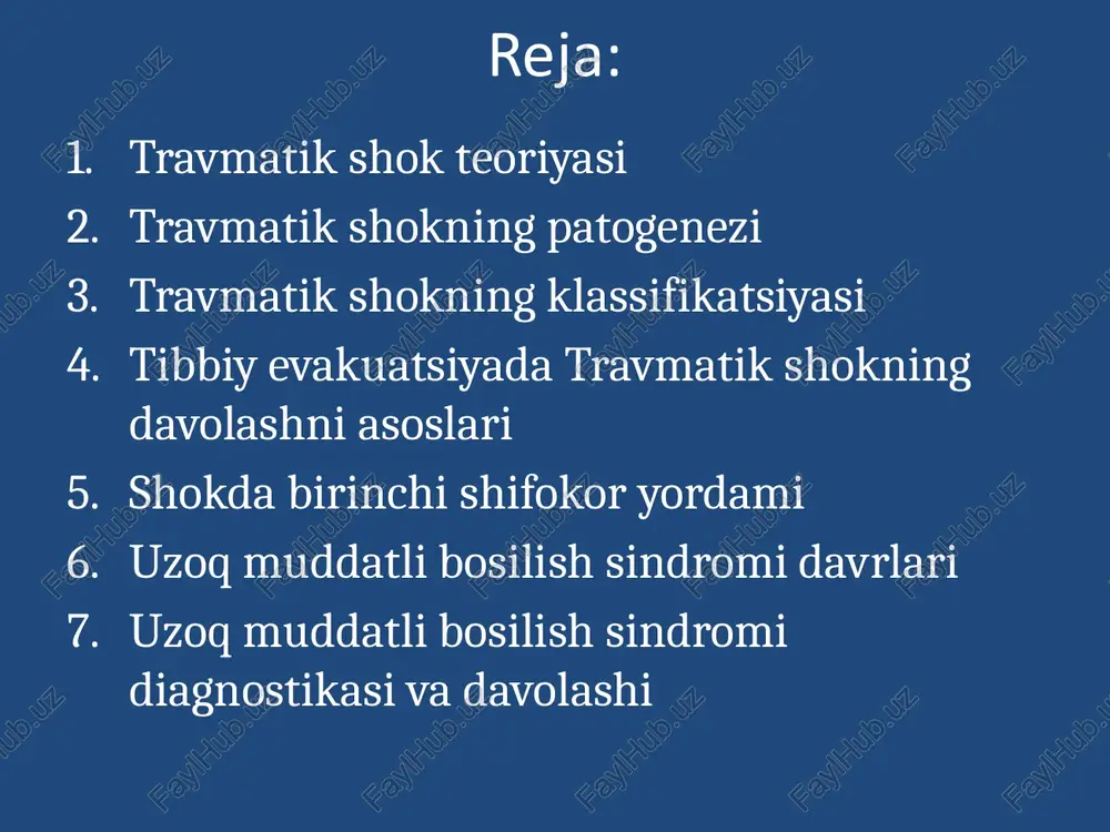 n yo`qotish miqdori yelka – 250-400 ml bilak – 100-350 ml son – 800-1500 ml boldir – 400-500 ml tovon – 150 – 200 ml chanoq – 1000-2500 ml amputatsiya 1000 ml gacha kiss prinsipi shok darajasi sistolik bosim gto`g`ri proporsional 1 daraja – ab = 90-100 mm.smb.ust 2 daraja– ab = 75-85 mm.smb.ust 3 daraja – ab = 70 va undan past mm.smb.ust shok darajasi umumiy holat es hushi tana harorati puls chastotasi sistilik bosim nafas olish chastotasi i – yengil o`rta og`ir aniq me`yorida 100 ta min 90-100 mm smb ust 18-20 ta min ii – o`rta og`ir sopor pasaygan 110-120 ta min 75-85 mm smb ust 20-30 ta min iii – og`ir juda og`ir stupor pasaygan, sovuq ter 130 min va ko`p 70 mm smb ust va hkz 30-35 ta yuzaki a.n.berkutov klassifikatsiyasi agarda ab 80 mm smb ust bo`lsa,ammo davodan so`ng darhol ko`tarilsa –yengil shok …………………………………………………….. …