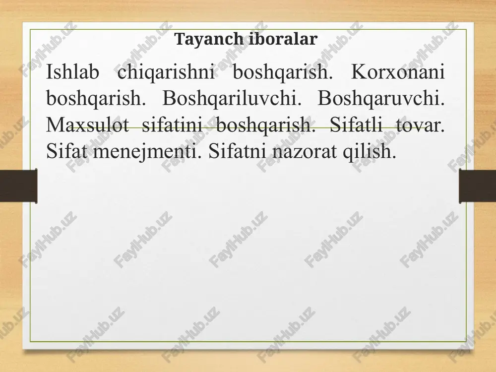 kt) korxonada -sexlar, uchastkalar -direktor va unga bo’ysinuvchi barcha boshqaruv apparati sexda - uchastkalar -sex boshlig’i va unga bo’ysinuvchi barcha boshqaruv apparati uchastkada -ishchilarning ish joylari -uchastka boshlig’i va unga bo’ysinuvchi barcha boshqaruv apparati ish joylarida -mehnat vositalari -ishchilar, xizmatchilar va boshqa xodimlar 12-jadval. ishlab chiqarishni boshqarishda "ob'ekt" va "sub'ekt" tushunchalari 8.2.ishlab chiqarishni boshqarishda ob'ekt va sub'ekt tushunchalari ishlab chiqarish ikki turdagi boshqarishni tashkil qiladi: buyumni, ya'ni mehnat vositalarini boshqarish; odamlar (ishchilar)ni boshqarish. buyumni boshqarish uning o’zini ishlab chiqarish jarayonidan iborat. bu jarayonda ishchilar moddiy boylik olish maqsadida mehnat buyumlariga ta'sir ko’rsatadilar va boshqarish sub'ekti rolini bajaradilar. moddiy boylik olish uchun mehnat buyumlariga bevosita ta'sir ko’rsatadigan ishchilar: boshqaruvchi tizimda boshqarishning ob'ekti (odamlarni boshqarish); boshqariladigan tizimda boshqarishning sub'ekti (buyumni boshqarish) sifatida ishtirok etadilar (5-chizma). ishchilar odamlarni boshqarish nuqtai nazardan-bu buyumlarni boshqarish nuqtai nazardan-bu ob’ekt sub’ekt 5-chizma. boshqaruv ob'ekti va sub'ekti ishlab chiqarishni boshqarish - ishchilarni boshqarishdan iborat bo’lib, ular o’z navbatida …