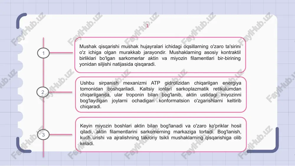 qilish uchun takrorlanadi. 4 mushak qisqarishining morfologik mexanizmi sirpanish filament nazariyasini o'z ichiga oladi, bu erda aktin va miyozin filamentlari bir-birining yonidan sirg'alib, mushak qisqarishiga olib keladi. bu jarayon kaltsiy ionlarining troponin bilan bog'lanishi bilan boshlanadi, bu miyozin uchun aktin bilan bog'lanish joylarini ochib beradi va o'zaro ko'priklarni hosil qiladi. atp miyozin boshlarini aktin filamentlarini sarkomer markaziga burish va tortib olish uchun energiya beradi, bu mushak tolasini qisqartiradi va qisqarishga olib keladi. 5 mushaklarning qisqarishi miya motor neyronlariga signal yuborganda boshlanadi va ular nerv-mushak birikmasida atsetilxolinni chiqaradi. bu mushak hujayralarida bir qator hodisalarni, jumladan, sarkoplazmatik retikulumdan kaltsiy ionlarining chiqishi va kaltsiyning troponin bilan bog'lanishini keltirib chiqaradi. kaltsiyning troponin bilan bog'lanishi tropomiyozinning siljishiga olib keladi, miyozinni bog'lash uchun aktin filamentlaridagi faol joylarni ochadi va mushaklarning qisqarishiga olib keladi. 6 mushak qisqarishi miyozin va aktin filamentlarining bog'lanishini qo'zg'atuvchi kaltsiy ionlarining chiqishi bilan boshlanadi. keyin miyozin boshlari aktinga birikadi va o'zaro ko'priklarni hosil …