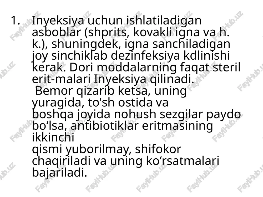 oshqa allergik reaksiyalar ro'y berishi mumkin. shu tufayli oldin bemorning antibiotiklarga reaksiyasini aniqlash zarur. allergik asoratlarning oldini olish maqsadida bezredko usuli bo'yicha antibiotiklar yuboriladi. buning uchun shprisga 0,1 ml antibiotik eritmasini olinadi va teri ostiga yuboriladi, 20 daqiqa oʻtgach reaksiya tekshirib koʻriladi. bemorda nohush sezgilar, badanida eshak yemi dogʻlari bo'lmasa, arterial bosimi pasayib ketmasa, u holda 0,5 ml eritma muskul orasiga yuboriladi va 20 daqiqa oʻtgach hech qanday oʻzgarish kuzatilmasa flakonda qolgan eritmaning hammasi yuboriladi. asoratlari 1) mushaklar orasiga inyeksiya qilishda ham, ignaning xuddi teri osti inyeksiyalaridagi kabi sinib qolishi va igna sinigʻining to'qimalarda qolib ketishi, hamda ko'pincha o'tmas va nuqsonli ignani qo'pollik bilan kiritish vaqtida mushaklarning to'satdan qisqarishi sabab bo'ladi; 2) nerv stvollarining (quymich nervi va boshqa nervlarning tarmoqlari) shikastlanishi, bu - mexanik (inyeksiya uchun joy noto'g'ri tanlanganda inyeksion ignadan), kimyoviy ta'sirlar (deposi nerv yaqinida joylashgan dorining ta'siridan), tomirlarga aloqador (nervni oziqlantiruvchi tomirlarning tiqilib qolishi) bo'lishi mumkin. 3) mushaklar …