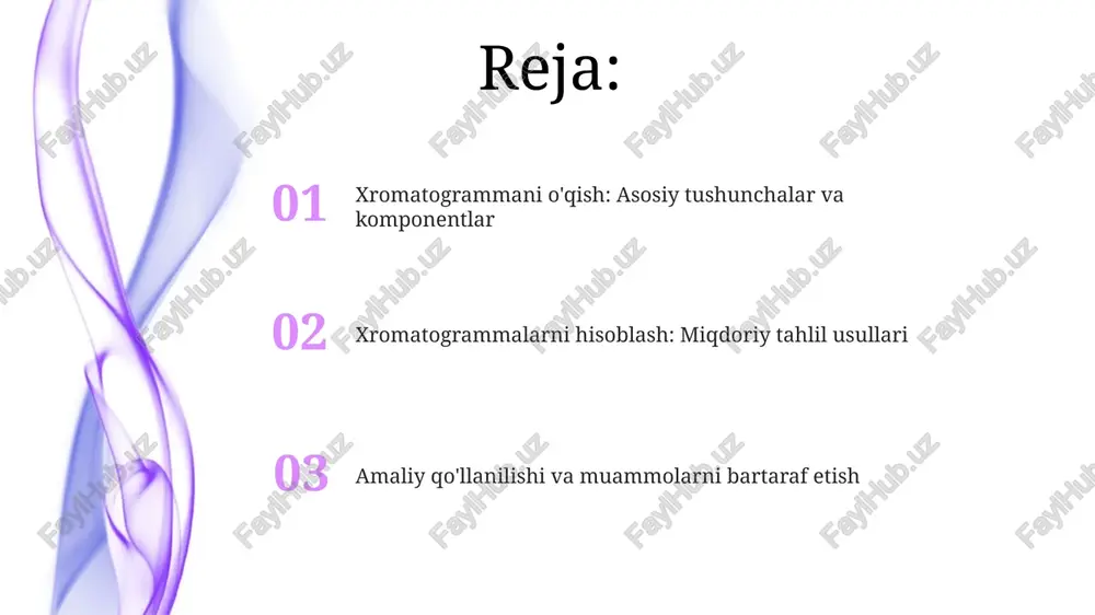 bo'lgan shovqin bo'lishi kerak. baza chizig'i driftsini bartaraf etish uchun turli algoritmlar qo'llaniladi, masalan, harakatlanuvchi o'rtacha, polinominal asosli tuzatish va wavelet transformatsiyasi, bu signallarni aniqroq aniqlashga yordam beradi. retensiya vaqti (tr) retensiya vaqti (tr) analitning kolonnadan o'tishi uchun ketadigan vaqtni bildiradi, odatda daqiqalarda o'lchanadi va u birikmaning kolonnada qanchalik kuchli ushlab turilishini ko'rsatadi. tr gaz xromatografiyasida detektor tomonidan aniqlangan eng yuqori cho'qqi paydo bo'lgan vaqtni ko'rsatadi va u analitning o'ziga xos xususiyati bo'lib, identifikatsiya uchun ishlatilishi mumkin. piklarni integrallash usullari perpendikulyar tushirish usuli esa piqning eng yuqori nuqtasidan asosiy chiziqqa perpendikulyar chiziq tushirish orqali piq maydonini aniqlash usuli hisoblanadi. tangensni o'tkazish usuli piqning asosiy chizig'i bilan kesishgan nuqtalarida tangens chiziqlarini chizish orqali piqning maydonini aniqlashga yordam beradi. kvantitativ analiz: miqdorni aniqlash kvantitativ analizda namuna tarkibidagi analitning miqdori aniqlanadi, masalan, eritmadagi ion konsentratsiyasi 5 ppm dan 25 ppm gacha bo'lishi mumkin. kalibrlash egri chizig'i yordamida signal (masalan, absorbans) va analitning konsentratsiyasi …