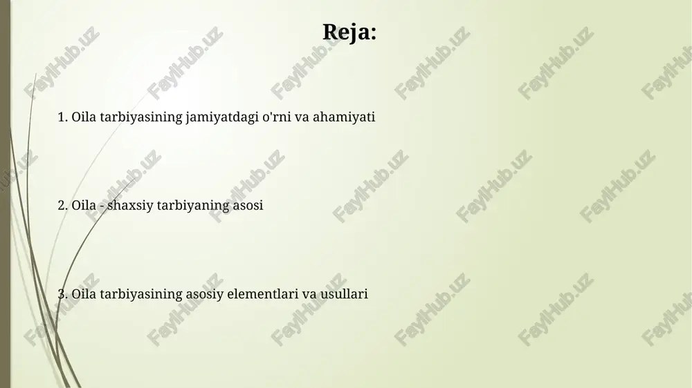 molarni birgalikda hal qiladi, bu esa 80-90% hollarda ijobiy natijalarga erishishga yordam beradi. oilada axloqiy va ma'naviy tarbiya oilaviy munosabatlarda mehr-muhabbat, hurmat va o'zaro yordam tamoyillari (16-18 yoshgacha) axloqiy kamolot uchun asos bo'lib xizmat qiladi, shu bilan birga ota-ona mas'uliyatini oshiradi. ma'naviy tarbiya oilada milliy qadriyatlar, urf-odatlar va an'analarni o'rgatishni o'z ichiga oladi, bunda navro'z, ro'za hayiti kabi (12-15 yoshda) bayramlar muhim rol o'ynaydi. oila va jamiyat hamkorligi: bolaning rivojlanishida o'zaro ta'sir oila va jamiyatning birgalikdagi sa'y-harakatlari, bolaning axloqiy shakllanishiga 40% ga ijobiy ta'sir ko'rsatadi, bu esa jamiyatda mas'uliyatli fuqaro bo'lib yetishishiga yordam beradi. oila va jamiyat o'rtasidagi hamkorlik, erta rivojlanish davrida (0-3 yosh) bolaning kognitiv qobiliyatlarini 30% ga oshirishi mumkin, bu esa maktabda yaxshiroq natijalarga olib keladi. e'tiboringiz uchun rahmat image2.jpg image3.jpg image4.jpg image5.jpg image6.jpg image7.jpg image8.jpg