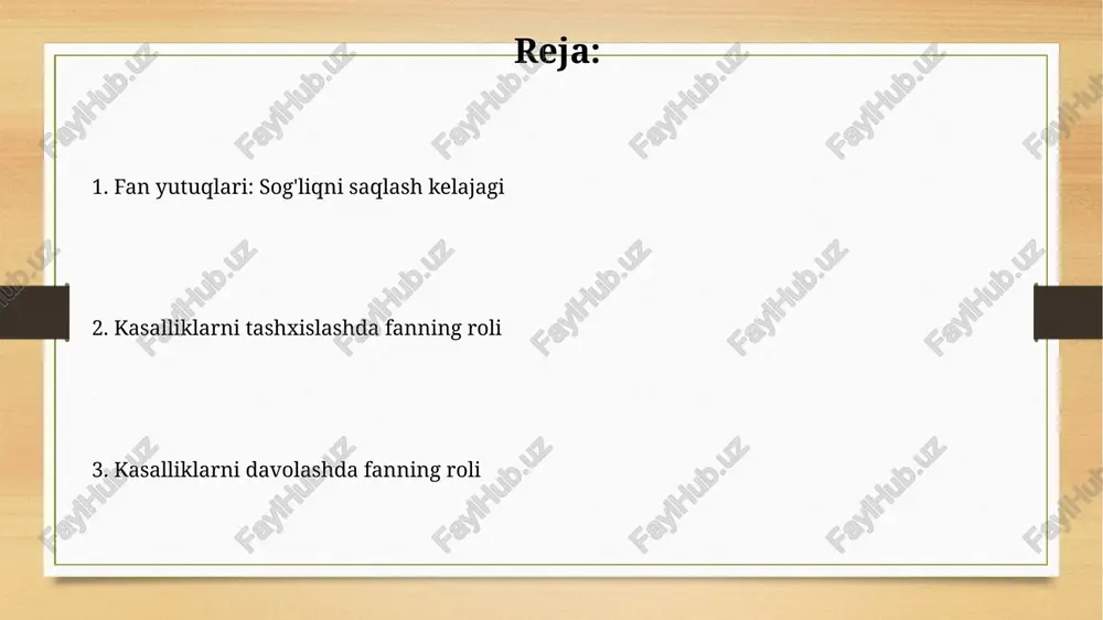 biologiya usullari, masalan, pcr va genetik sekvensiya, irsiy kasalliklarni aniqlashda 99% gacha aniqlik bilan ishlatiladi. farmatsevtika fanining kasalliklarni davolashdagi ahamiyati farmatsevtika fani dori vositalarining molekulyar mexanizmlarini tushunish orqali kasalliklarni davolashda muhim rol o'ynaydi, masalan, retseptorlarga ta'sir etuvchi dorilar yaratish orqali. farmatsevtika fani farmakokinetika va farmakodinamikani o'rganish orqali dori vositalarining samaradorligini oshiradi, optimal dozalash rejimlari va toksiklikni minimallashtirishga erishiladi. e'tiboringiz uchun rahmat image8.jpg image9.jpg image10.jpg image11.jpg image12.jpg image13.jpg image3.png image4.png