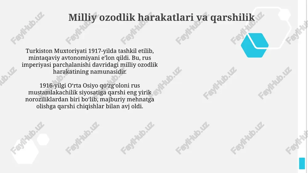 yillarda dehqonlarning yerlarini tortib olib, qishloq xo‘jaligini yo‘q qildi, bu esa ocharchilik va millionlab odamlarning o‘limiga sabab bo‘ldi. milliy ziyolilarning repressiyasi 1920-1930-yillarda madaniy va siyosiy elitaning yo‘q qilinishiga olib keldi, bu milliy o‘zlik va madaniyatga katta zarar yetkazdi. sibir va uzoq sharqda mustamlakachilik siyosati 20-asr boshlarida trans-sibir temir yo'li qurilishi migratsiyani kuchaytirdi, bu mahalliy xalqlar yerlarini rus dehqonlari tomonidan mustamlaka qilishga olib keldi. sovet hukumati sibir va uzoq sharqda sanoatni rivojlantirish uchun majburiy mehnatdan foydalangan, bu ko'plab siyosiy mahbuslar va deportatsiya qilinganlarning o'limiga sabab bo'ldi. kavkazda mustamlakachilik siyosati kavkazda rossiya imperiyasi mustamlakachilik siyosatining muhim qismi sifatida, 19-asr oxiri va 20-asr boshlarida ruslashtirish jarayonlari faol ravishda olib borildi. 1905-1907 yillardagi inqilobdan so'ng, kavkazda mustamlakachilik siyosati yanada kuchaytirilib, mahalliy xalqlarning siyosiy huquqlari cheklab qo'yildi. iqtisodiy ekspluatatsiya va resurslarni o'zlashtirish 20-asr boshlarida rossiya imperiyasi o'rta osiyodan paxta yetishtirishni faol rag'batlantirib, mahalliy dehqonlarni 90% dan ortiq ekin maydonlarini paxtaga ajratishga majbur qildi. sibir va …
