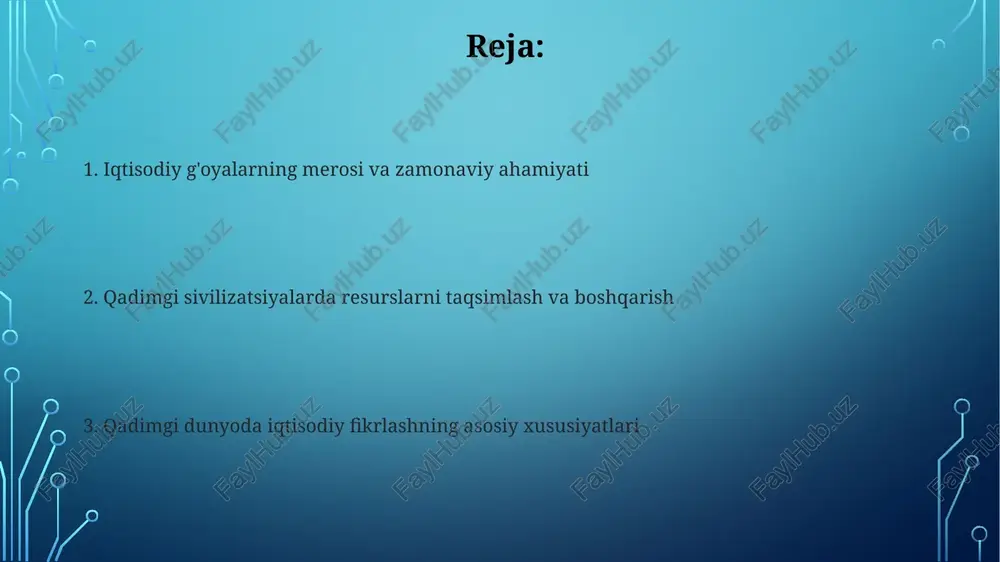 hakllari paydo bo‘ldi, bunda 1/10 hosil soliq sifatida olingan. qishloq xo‘jaligi mahsulotlari, ayniqsa g‘alla, chorvachilik mahsulotlari va mevalar asosiy savdo vositasi bo‘lib, ular ichki va tashqi bozorlarda 5 foizgacha foyda keltirgan. qadimgi mesopotamiyada iqtisodiyot savdo-sotiq mesopotamiyada muhim ahamiyatga ega edi, chunki mintaqada ba'zi resurslar yetishmas edi. shu sababli, metall, tosh va yog'och kabi mahsulotlar almashinuvi uchun qo'shni hududlar bilan savdo aloqalari rivojlangan. iqtisodiyotda ibodatxonalar va saroylar muhim rol o'ynagan. ular nafaqat diniy va siyosiy markazlar, balki katta miqdordagi yerlarni nazorat qilib, hunarmandchilikni rivojlantirib, iqtisodiy faoliyatni boshqarganlar. qadimgi misrda iqtisodiyot qadimgi misr iqtisodiyoti dehqonchilikka asoslangan edi, nile daryosi tufayli yiliga bir necha marta hosil olish imkoni bor edi, lekin 20% ga yaqin soliqlar davlatga to'langan. savdo, ayniqsa xalqaro savdo, davlat nazoratida bo'lgan. misrdan oltin va papirus eksport qilingan, xorijdan esa yog'och va qimmatbaho toshlar import qilingan, soliqlarning katta qismi 15% ni tashkil etgan. xitoyda iqtisodiyot: qadimgi sulolalar xan sulolasi (miloddan avvalgi …