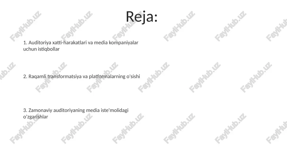 arning qulayligini ko'rsatadi. auditoriyaning ehtiyojlari va xatti-harakatlarining o'zgarishi auditoriyaning 80% ijtimoiy media platformalarida yangiliklarni oladi, bu an'anaviy media vositalariga bosim o'tkazadi va jurnalistikaning formatini tezkor, vizual hikoyalar tomonga o'zgartiradi. auditoriya, 70% hollarda, qisqa, mobil-moslashgan videolarni afzal ko'radi, bu esa 10-15 soniyalik reklamalar samaradorligini oshiradi va diqqatni jalb qilish strategiyalarini o'zgartiradi. zamonaviy auditoriyaning media iste'molidagi o'zgarishlar mobil qurilmalar orqali media iste'moli 70% ga oshdi. auditoriya endi an'anaviy tv va radioga emas, balki smartfon va planshetlardagi onlayn kontentga ustunlik bermoqda. ijtimoiy media platformalari axborot manbai sifatida o'sdi. 18-34 yoshdagi auditoriyaning 60% yangiliklarni facebook, instagram va telegram kabi platformalardan oladi. e'tiboringiz uchun rahmat image5.jpg image6.jpg image7.jpg image8.jpg image9.jpg image10.jpg image11.jpg image1.jpeg image2.jpeg