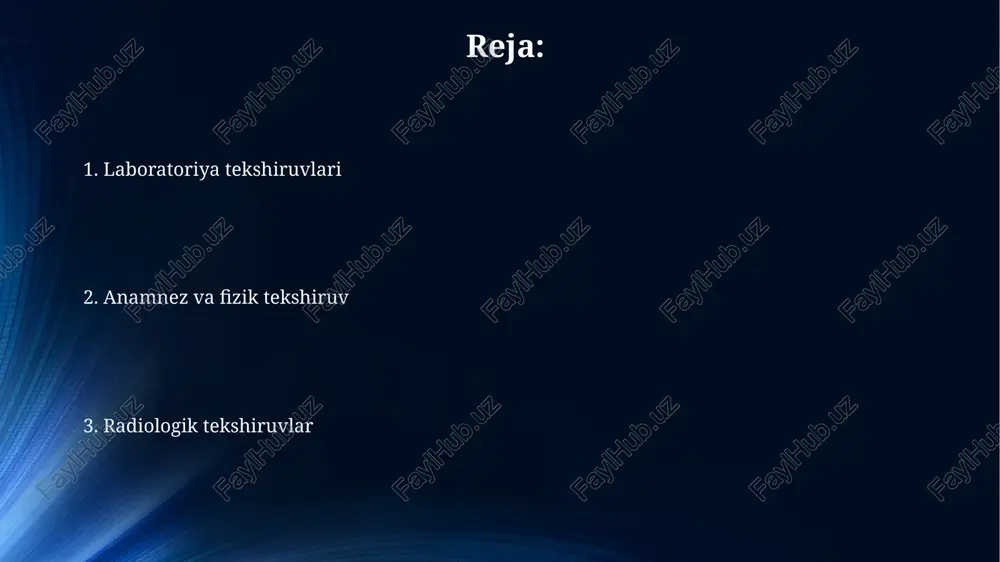 omillarni hisobga oladi, bu esa buyrak funksiyasini aniqroq baholashga yordam beradi. buyrak ultratovush tekshiruvi (utt) buyrak uttsi siydik yo'llarining kengayishi (gidronefroz) va 5 mm dan katta bo'lgan toshlarni ko'rish imkonini beradi, lekin kichik toshlar uchun qo'shimcha tekshiruvlar talab etiladi. buyrak uttsi parenximaning 1-2 sm gacha bo'lgan o'lchamdagi o'zgarishlarini, masalan, kistalar, o'smalar va yallig'lanish o'choqlarini aniqlashda yordam beradi. siydik tahlili siydik tahlili ertalabki siydikning o'rta qismini olishni talab qiladi, bu esa proteinuriya va siydik cho'kmasi elementlarini aniqlash uchun eng yaxshi namunadir. siydikning solishtirma og'irligi 1.003 dan 1.030 gacha bo'lishi kerak, bu buyrakning konsentratsiyalash qobiliyatini ko'rsatadi; yuqori ko'rsatkich degidratatsiyani bildiradi. siydikning biokimyoviy tahlili siydikdagi kreatinin (0.8-2.0 g/kun) va elektrolitlar (masalan, natriy 40-220 meq/l) miqdori buyrak funktsiyasi va elektrolit balansini baholash uchun o'lchanadi, bu buyrak patologiyalarini aniqlashda yordam beradi. siydikning biokimyoviy tahlili tarkibida 10 dan ortiq parametrni, jumladan, ph darajasi (5.0-7.0 oraliqda), zichlik (1.005-1.030 g/ml) va oqsil miqdorini (0-14 mg/dl) baholashni o'z ichiga …