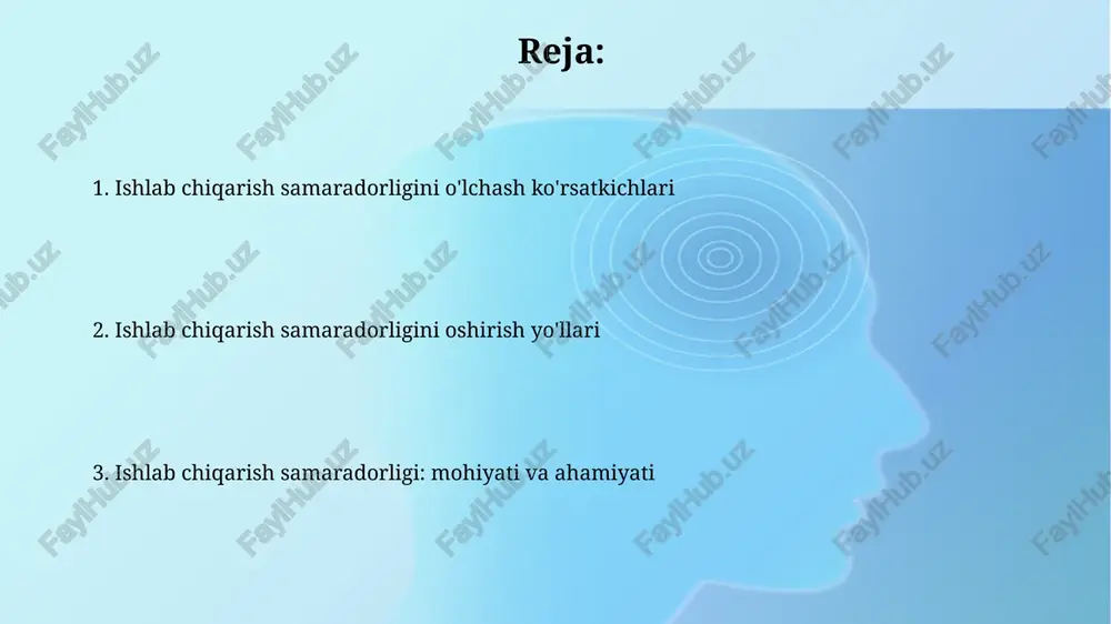 ish omillari yangi texnologiyalarni joriy etish, masalan, avtomatlashtirish va robototexnika, ishlab chiqarish tezligini 30% ga oshirishi hamda xatolarni 15% ga kamaytirishi mumkin. ishlab chiqarish jarayonlarini optimallashtirish, jumladan, lean manufacturing usullarini qo'llash orqali chiqindilarni 20% ga qisqartirish va resurslardan foydalanishni 25% ga yaxshilash mumkin. asosiy vositalardan foydalanish samaradorligi asosiy vositalar rentabelligi, sof foydaning o'rtacha yillik asosiy vositalar qiymatiga nisbatini ko'rsatib, 10% dan yuqori bo'lishi korxonaning samaradorligini aks ettiradi. asosiy vositalar fond qaytimi, yalpi mahsulot hajmining asosiy ishlab chiqarish vositalari qiymatiga nisbati, har bir so'mga qancha mahsulot ishlab chiqarilganini ifodalaydi. 0.8 dan yuqori ko'rsatkich yaxshi samaradorlikni bildiradi. kirish kirish qismi ishlab chiqarish samaradorligi tushunchasini taqdim etadi, bunda resurslardan maqsadga muvofiq foydalanish darajasi 80-95% optimal ekanligi ta'kidlanadi. kirish, shuningdek, samaradorlikka ta'sir etuvchi omillar, texnologiya darajasi (2.0 dan yuqori koeffitsient) va xodimlarning malakasi (kamida 3 yillik tajriba) kabi masalalarni qamrab oladi. energiya samaradorligi energiya samaradorligini oshirish, 20% dan 30% gacha energiya xarajatlarini kamaytirish imkonini …