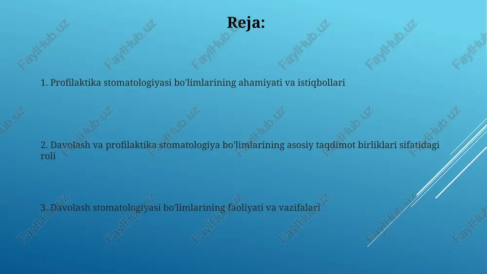 kiradi. kelajakdagi istiqbollar nano-materiallar va bio-materiallar asosida yaratilgan tish plombalari 2030 yilga borib hozirgidan 50% uzoqroq xizmat qilishi mumkin. kelajakda tish kasalliklarini aniqlash uchun sun'iy intellektga asoslangan diagnostika vositalari, jumladan, 3d skanerlar va algoritmlar keng qo'llaniladi. periodont kasalliklarini davolash antibiotiklar periodont kasalliklarini davolashda yordamchi bo'lishi mumkin, ammo ular faqat asosiy davolash usullari bilan birgalikda ishlatilishi kerak, masalan, metronidazol yoki amoksitsillin. og'ir periodontit holatlarida jarrohlik aralashuvlar talab etilishi mumkin, masalan, suyak ko'chirib o'tkazish yoki to'qimalarni qayta tiklash amaliyotlari qo'llaniladi. gerontostomatologiyaning ahamiyati 2050 yilga borib dunyo aholisining 22 foizdan ortig'i 60 yoshdan oshishi kutilmoqda, gerontostomatologiyaning ahamiyati ortib bormoqda. gerontostomatologiya keksa yoshdagi bemorlarning fiziologik o'zgarishlarini hisobga olgan holda, individual davolash rejalarini ishlab chiqishda muhim rol o'ynaydi. davolash stomatologiyasida qo'llaniladigan usullar kompozit plombalar qo'yishda kislotali etching va bog'lovchi moddalar (adgezivlar) qo'llaniladi, ular plomba materialining tish to'qimalariga mustahkam birikishini ta'minlaydi. davolash stomatologiyasida kariyesni davolashda remineralizatsiya terapiyasi, masalan, ftorli preparatlar bilan ishlov berish, erta bosqichlarda emalni …