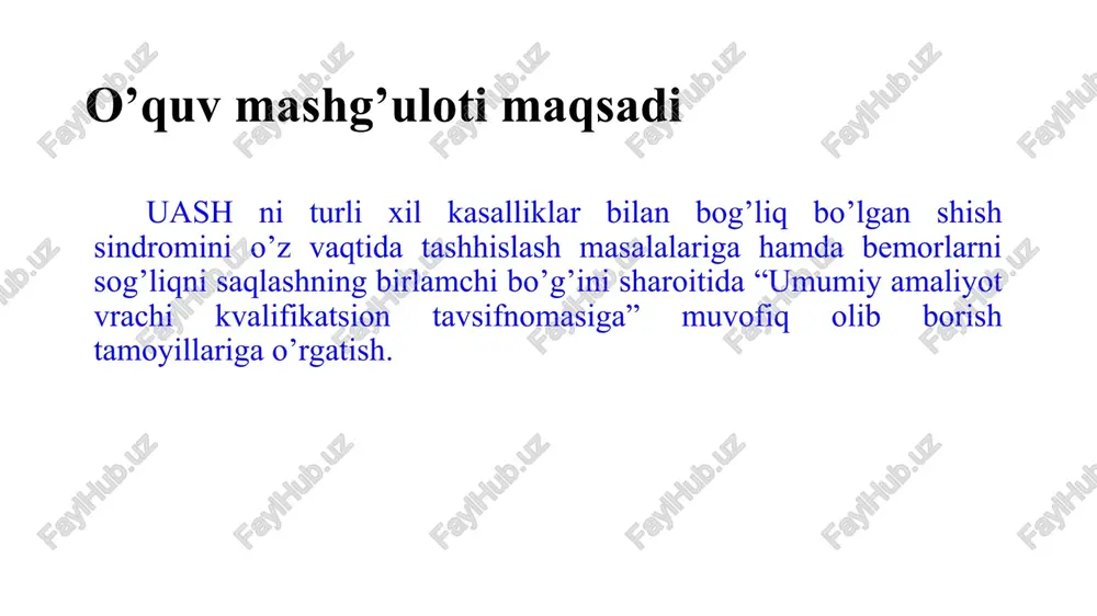 nlash; dorilarsiz davolash usullari bo’yicha tavsiyalar berish; qvp yoki op sharoitida monitoring o’tkazish. shish – organizm to’qimasi va seroz bo’shliqlarida me’yordan ortiqcha suyuqlik yig’ilishidir. to’qima hajmi va vaznini oshishi shishgan to’qima va a’zolar faoliyatini buzilishi seroz bo’shliqlar sig’imini kamayishi mahalliy suv muvozanatini buzilishiga olib keladigan asosiy omillar interstitsial suyuqlikning onkotik bosimini oshishi kapilyarlarda gidrostatik bosimni oshishi kapilyarlar o’tkazuvchan-ligini oshishi limfa oqimini buzilishi to’qimaning mexanik bosimini pasayishi qon zardobida onkotik bosimni pasayishi umumiy (tarqalgan) - organizmdagi suv – tuz almashinuvining buzilishi natijasida yuzaga keladi shishlar mahalliy (chegaralangan) – tananing ma’lum bir chegaralangan qismida suyuqlik ushlanib qolishi oqibatida rivojlanadi shish sindromi rivojlanishining asosiy sabablari umumiy shishlar buyrak kasalliklari yurak kasalliklari gipoproteine-mik shishlar idiopatik shishlar jigar kasalliklari mahalliy shishlar limfatik shishlar (limfedema): 1. idiopatik; 2. yallig’lanishli; 3. obstruksiyali. a.venoz shishlar: 1. chuqur venalarni o’tkir trombozi; 2. surunkali venoz yetishmovchiligi; 3. venoz obstruksiya. yog’li shishlar boshqa turdagi shishlar suyak – mushak tizimi shikastlanishi asab …
