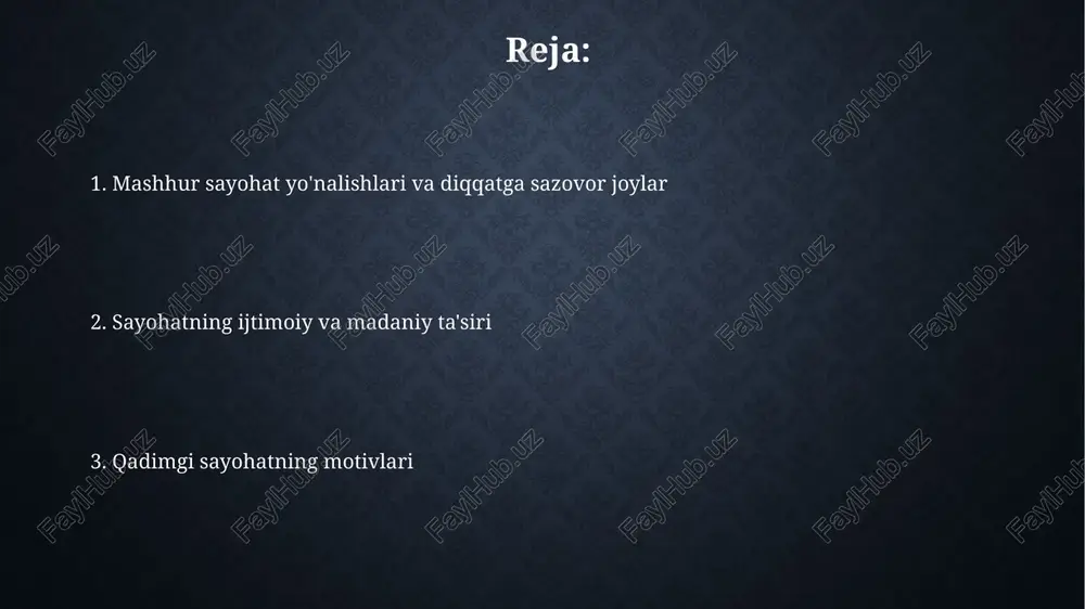 driyatlarini olib kelishgan va mahalliy urf-odatlar tijoratlashuvga uchrashi mumkin edi. qadimgi sayyohlik ba'zan madaniy almashinuvni faollashtirgan, mahalliy aholiga yangi g'oyalar, san'at uslublari va texnologiyalarni olib kelgan, shu bilan jamiyatni o'zgartirgan. qadimgi turizmga kirish qadimgi turizm miloddan avvalgi v asrlarda misr, yunoniston va rim imperiyalari kabi madaniy markazlarga diniy ziyoratlar, davolanish maqsadida sayohatlar bilan boshlangan. qadimgi rimda boy zodagonlar o'zlarining villalariga ega bo'lib, ular shahardan uzoqda, tabiat qo'ynida joylashgan edi va bu ularga dam olish hamda siyosiy ishlardan uzoqlashish imkonini berardi. turizm va madaniy almashinuv rim imperiyasi davrida sayyohlar ko'plab yo'llar orqali harakat qilishgan, bu esa mahalliy urf-odatlar bilan 2-darajali aloqalarni shakllantirgan. qadimgi yunonistonda olimpiya o'yinlari madaniy almashinuv va sayyohlikning muhim 3-omili bo'lib, turli shaharlardan odamlarni birlashtirgan. e'tiboringiz uchun rahmat image3.jpg image4.jpg image5.jpg image6.jpg image7.jpg image8.jpg image9.jpg