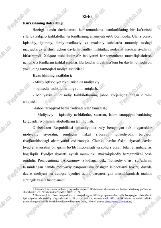 a davlat moliyasi va ayniqsa byudjet tizimi barqarorligini mustahkamlash muhim strategik vazifa hisoblanadi”1 . __________________________________________ 1 karimov i.a. jahon moliyaviy-iqtisodiy inqirozi, o’zbekiston sharoitida uni bartaraf etishning yo’llari va choralari g` - t.: “o’zbekiston” nmiu, 2009. -b. 56. 2 karimov i.a.. bosh maqsadimiz – mavjud qiyinchiliklarga qaramasdan, olib borayotgan islohotlarni, iqtisodiyotimizda tarkibiy o`zgarishlarni izchil davom ettirish, xususiy mulkchilik, kichik biznes va tadbirkorlikka yanada keng yo`l ochib berish hisobidan oldinga yurishdir, 2016 yil yanvar (http://www.uzreport.uz) mamlakatimizda iqtisodiyotni isloh etish va modernizatsiya qilish, uning tarkibiy tuzilishini diversifikatsiyalash bo`yicha har tomonlama chuqur o`ylangan, uzoq istiqbolga mo`ljallangan iqtisodiy siyosatning amalga oshirilishi natijasida milliy iqtisodiyotimizning barqaror va jadal rivojlanishi, aholining turmush darajasi izchil oshib borishi uchun mustahkam hamda ishonchli poydevor yaratilganligini ta`kidlash lozim. jahon moliyaviy-iqtisodiy inqirozi hamon davom etayotganiga qaramasdan, 2015 yilda yalpi ichki mahsulot 8 foiz, sanoat mahsulotlari ishlab chiqarish hajmi 8 foiz, qishloq xo`jaligi mahsulotlari qariyb 7 foiz, qurilish-montaj ishlari hajmi salkam 18 foizga …