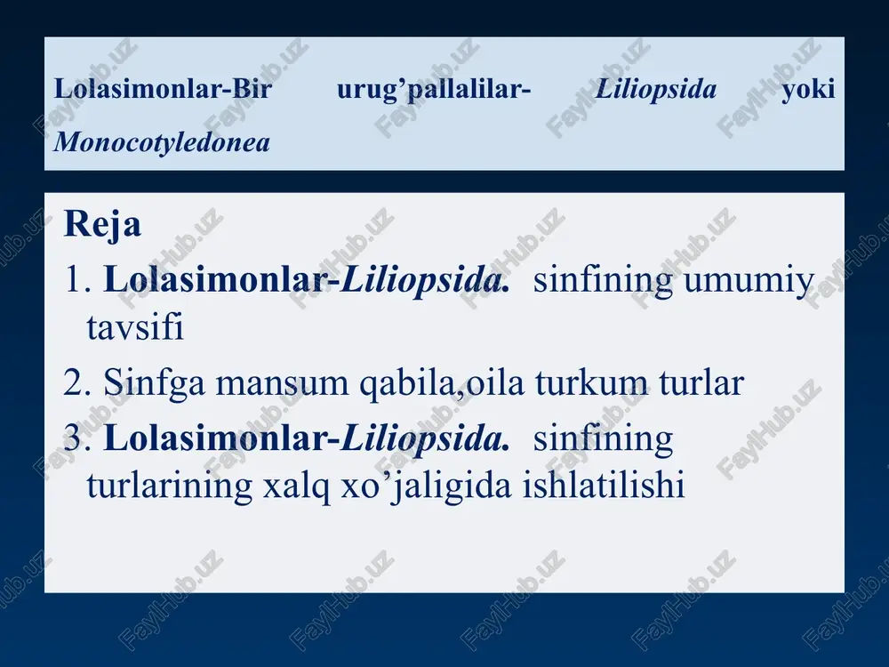 )si savrinjonnamolar-colchicales savrinjondoshlar-melanthiaceae gulsafsarnamolar- iridales gulsafsardoshlar – iridaceae lolanamolar qabilasi – liliales loladoshlar -liliaceae oilasi nargisnamolar– amarillidales nargisdoshlar - amaryllidaceae piyozdoshlar oilasi - alliaceae. chuchmomanamolar- tecophilales chuchmomadoshlar ixioliriaceae sarsabilnamolar- asparagales sarsabildoshlar-asparagaceae shirachdoshlar- asphodelaceae yamsnamolar- dioscoreales yamsdoshlar- dioscoreaceae lolakabilar – lilidae sinfcha (ajdodcha)si lolanamolar qabilasi - liliales. qabila 9 ta oilani o’z ichiga oladi. savrinjondoshlar-melanthiaceae oilasi savrinjondoshlar-melanthiaceae bu oilaga 47 turkumga mansub, 400 taga yaqin tur kiradi. ular ildizpoyali, tuganak, piyozboshli o’simliklar. to’pguli poyasining uchida joylashgan. urug’chisi 3-(4) ta erkin. mevasi ko’sak bo’lib, pishganda hamisha to’sig’idan chatnaydi. o’zbekistonda 2 ta turkumga mansub 3 ta turi o’sadi. kesselring savrinjoni –colchicum kesselringii o’zbekiston respublikasi qizil kitob iga kiritilgan. savrinjon-colchicum savrinjon-colchicum. tuganak piyozboshli, barglari tasmasimon, ildiz bo’g’zidan chiqqan, erta bahorda yoki kuzda gullovchi o’t o’simlik. uning tuganak piyozboshi parda bilan qoplangan. guli yirik, yakka, ikki jinsli. gulqo’rg’oni uzun naysimon, sariq, oq, pushti va gilos rangda bo’lib, tagi birikkan. urug’chisi 6 ta, 3 tasi uzunroq. …