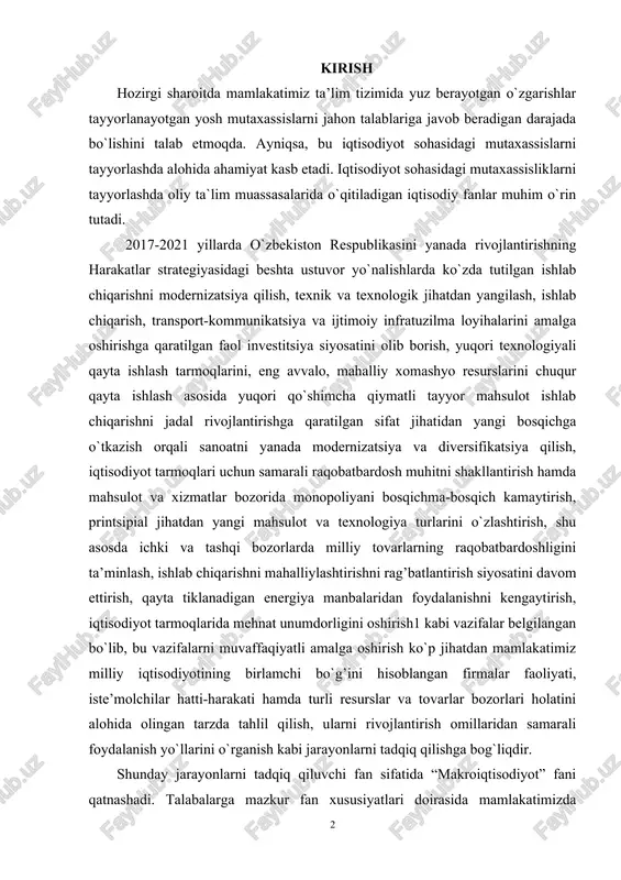 lanishni kengaytirish, iqtisodiyot tarmoqlarida mehnat unumdorligini oshirish1 kabi vazifalar belgilangan bo`lib, bu vazifalarni muvaffaqiyatli amalga oshirish ko`p jihatdan mamlakatimiz milliy iqtisodiyotining birlamchi bo`g’ini hisoblangan firmalar faoliyati, iste’molchilar hatti-harakati hamda turli resurslar va tovarlar bozorlari holatini alohida olingan tarzda tahlil qilish, ularni rivojlantirish omillaridan samarali foydalanish yo`llarini o`rganish kabi jarayonlarni tadqiq qilishga bog`liqdir. shunday jarayonlarni tadqiq qiluvchi fan sifatida “makroiqtisodiyot” fani qatnashadi. talabalarga mazkur fan xususiyatlari doirasida mamlakatimizda amalga oshirilayotgan islohotlar va ularning natijalarini aks ettiruvchi materiallar, qoidalar va xulosalarni puxta o`zlashtirishlari, kelgusi faoliyatida samarali foydalanishlari hamda ijodiy yondoshishlarini ta’minlash fanni o`rganish oldida turgan asosiy vazifalaridan biridir 1. mikroiqtisodiy siyosat. iqtisodiyotni butunlay yangi tartiblar asosida isloh qilish uning rivojida nomutanosibliklar bo'lishi va tanglik holatlarning kelib chiqishiga muqarrar qilib quyadi. shu sababli iqtisodiyotni barqarorlashtirish, bozor iqtisodiyotiga o'tish jarayonida uni jonlantirish va bir tekis rivojlantirish yo'lidagi qonuniy bosqichdir. u iqtisodiy rivojlanish butunlay inqirozga uchrashiga chap berish uchun ishlab chiqarshi chiqarilayotgan mahsulot tarkibini o'zgartirishiga, …