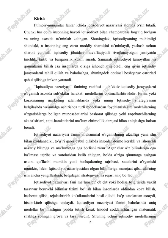 usulni qo’llashi mumkin yoki boshqalarning tajribasi, xatolarini o’rganishi mumkin, lekin iqtisodiyot nazariyasidan olgan bilimlariga murojaat qilsa ularning ishi ancha yengillashadi, belgilagan strategiyasi va rejasi aniq bo’ladi. iqtisodiyot nazariyasi fani ma’lum bir ob’ekt yoki hodisa to’g’risida yaxlit tasavvur beruvchi bilimlar tizimi bo’lish bilan insonlarda oldindan ko'ra bilish, bashorat qilish, rejalashtirish ko’nikmalarini hosil qiladi, ko’p xatolardan asraydi, hisob-kitob qilishga undaydi. iqtisodiyot nazariyasi fanini baholashda aniq modellar bo’lmasligini yodda tutish kerak (model soddalashtirilgan matematik shaklga solingan g’oya va tasavvurdir). shuning uchun iqtisodiy modellarning ahamiyati ularning haqqoniyligi bilan emas, balki ma’lum bir iqtisodiy hodisani o’rganish va tushuntirishda uni qo’llashning imkoniyatlari bilan aniqlanadi. iqtisodiyot nazariyasi aniq iqtisodiy va amaliy fanlarning asosini tashkil qiladi. uning amaliyot bilan bog’liqligi esa aniq iqtisodiy fanlar orqali amalga oshirib kelinadi. o’qish jarayonida olingan bu bilimlar esa hayotda har bir inson uchun kerak bo’ladi. iqtisodiyot nazariyasi asrlardan beri har bir davlatning iqtisodiy siyosatini asoslab kelgan, uning muvaffaqiyatli rivojlanishiga sabab bo’lgan. bozor …