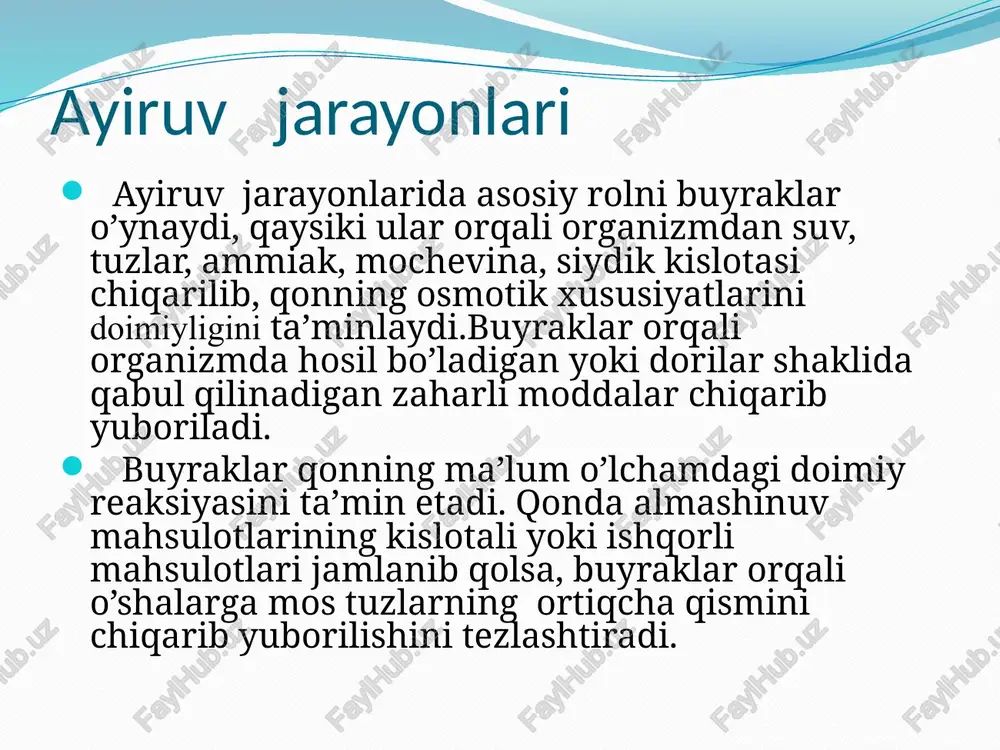 r siydik chiqaruvchi yo’llarning boshlanishi hisoblanadi. kichik buyrak kosachalari, bir-birlariga qo’shilib, 2-3 ta katta buyrak kosalarini hosil qiladi, ular ham o’z navbatida buyrak jomiga o’tadi. . buyrak jomi –voronka shaklidagi nozik devorli puch holdagi bo’shliqdir. siydik buyrak jomidan siydik pufagi bilan tutashgan siydik yo’llariga tushadi. bitta nefrondagi kanalchalarning umumiy uzunligi 35-50 mm ni tashkil etadi. buyraklarda qariyib 130 km siydik o’tuvchi naychalar mavjud. bir kecha-kunduzda buyraklarda 170 l suyuqlik filtralanadi, qaysiki undan 1,5 l haqiqiy siydik konsentratsiyalanadi va organizmdan tashqi muhitga chiqarib tashlanadi. nefronning tuzilishi. 1-olib keluvchi tomir; 2-olib chiquvchi tomir; 3-koptokcha kapilyarlari; 4-kapsulalar bo’shlig’i; 5-egri-bugri kanalchalar; 6-kasula. siydik hosil bo’lishi buyraklarda siydikning hosil bo’lishi ikki fazada kechadi. birinchi faza – filtrlanish. bu bosqichda buyrak tanachasining kapillyarlar koptokchasidagi bosim bilan buyrak tanachalari kapsulasi orasidagi bosimlarning farqi hisobiga buyrak tanachalari kapsulasi yuzasiga qondagi moddalarning filtrlanishi yuz beradi. kapsula yuzasiga qon plazmasidan suv, neorganik tuzlar, mochevina, siydik kislotasi, glyukoza, aminokislotalar filtrlanadi. kapsula …