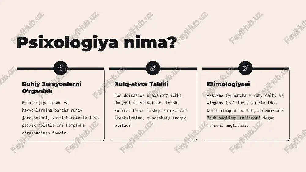 sixologiya insonlarning guruhlarda o‘zini qanday tutishi, jamiyat va shaxs munosabatlarini tahlil qiladi. klinik psixologiya ruhiy kasalliklarni aniqlash, diagnostika qilish, oldini olish va davolash bilan shug‘ullanadi. pedagogika psixologiyasi ta'lim-tarbiya jarayonidagi psixologik qonuniyatlar, o‘qitish usullari va o‘quvchilarning rivojlanishini o‘rganadi. mehnat psixologiyasi ish sharoitlarining inson ruhiyatiga ta'siri, samaradorlikni oshirish va kasbiy tanlov masalalarini o‘z ichiga oladi. sport psixologiyasi sportchilarning motivatsiyasi, stressga chidamliligi va musobaqalarga psixologik tayyorgarligini o‘rganadi. 5 psixologik tadqiqot usullari: qanday o‘rganiladi? kuzatish xulq-atvorning tabiiy sharoitda, hech qanday aralashuvsiz yozib olinishi va tahlili. eksperiment sabab-oqibat munosabatlarini aniqlash uchun nazorat qilinadigan sharoitlarda o‘tkaziladigan tadqiqot. test va so‘rovnomalar shaxs xususiyatlari, qobiliyatlari va munosabatlarini standartlashtirilgan usulda baholash. zamonaviy neyroilmiy metodlar bugungi kunda psixologiya neyroilmiy asbob-uskunalar yordamida miya faoliyatini bevosita o‘rganishga tobora ko‘proq murojaat qilmoqda: eeg (elektroensefalografiya) – miya elektr faoliyatini o‘lchash. tomografiya (mri, fmri) – miya tuzilishi va qon oqimini tasvirlash. 6 mashhur psixologlar va ularning insoniyatga hissasi vilgelm vundt (1832–1920) u eksperimental psixologiyaning otasi …