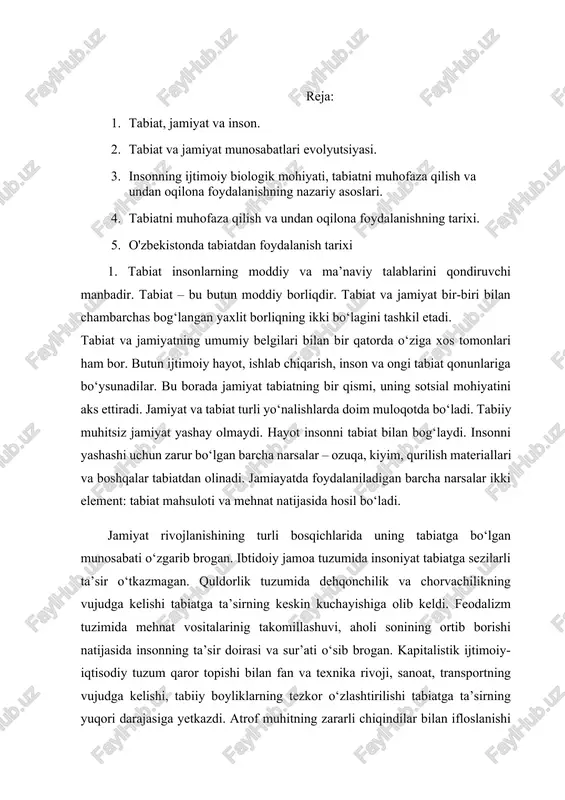 da va energuya almashinuvi, ya’ni xom-ashyolarni tabiatdan ortig‘i bilan olinishi va zararli chiqindi holiday atrof muhitga tashlanishi tabiat va jamiyat o‘rtasidagi azaliy muvozanatning buzilishiga olib keldi. tabiat va jamiyat munosabatlarining rovijlanishida biogen, antropogen va texnogen bosqichlar ajratiladi. 2.tabiiy muhit holatining inson ta’sirida o‘zgarishi, jonli va jonsiz komponentlarga kuchli antropogen ta’sir ekologik muammolarni keltirib chiqardi. mahalliy, mintaqaviy va global ekologik muammolarni ajratish mumkin. ayrim yirik shahar, sanoat markazlari, alohida tumanlarda mahalliy, orolbo‘yi, chernobilda mintaqaviy ekologik tang vaziyatlar vujudga kelgan. ozon tuynuklari muammosi, kislotali yomg‘irlar, cho‘llashish, dunyo okeanining ifloslanishi va boshqalar umumsayyoraviy muammolar hisoblanadi. yer yuzida ekologik tang vaziyatli hududlarning keskin ko‘payishi global ekologik inqiroz havfining real ekanligi ko‘rsatadi. agar keyingi 30-40 yil ichida ekologik muammolarni hal etish uchun barcha zarur chora-tadbirlar ko‘rilmasa ekologik inqiroz muqarrardir. ekologiya deganda organizmlarning o‘zaro va muhit bilan aloqadorligini o‘rganadigan biologik fan tushuniladi. shuning bilan birga ekologiya deganda inson va organizmlarning yashash muhiti holati, organizmlar (shu jumladan …