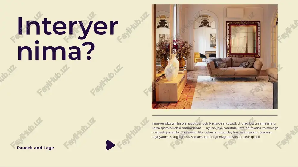 agan) devorlar, metall va beton elementlar, minimal mebel, va kreativ atmosfera bilan ajralib turadi. loft so‘zi inglizcha “attic” yoki “upper floor” degani — ya’ni binoning yuqori, ochiq qismi degan ma’noni anglatadi. xay tek high-tech (hay-tek) — inglizcha “high technology” so‘zidan olingan bo‘lib, “yuqori texnologiyalar” degan ma’noni anglatadi. u xx asrning 70–80-yillarida angliya va aqshda paydo bo‘lgan va sanoat texnologiyalarini san’atga aylantirgan dizayn yo‘nalishi sifatida tanilgan. hay-tek — bu zamonaviy, funksional, texnologik va minimalistik interyer stili th an k yo u